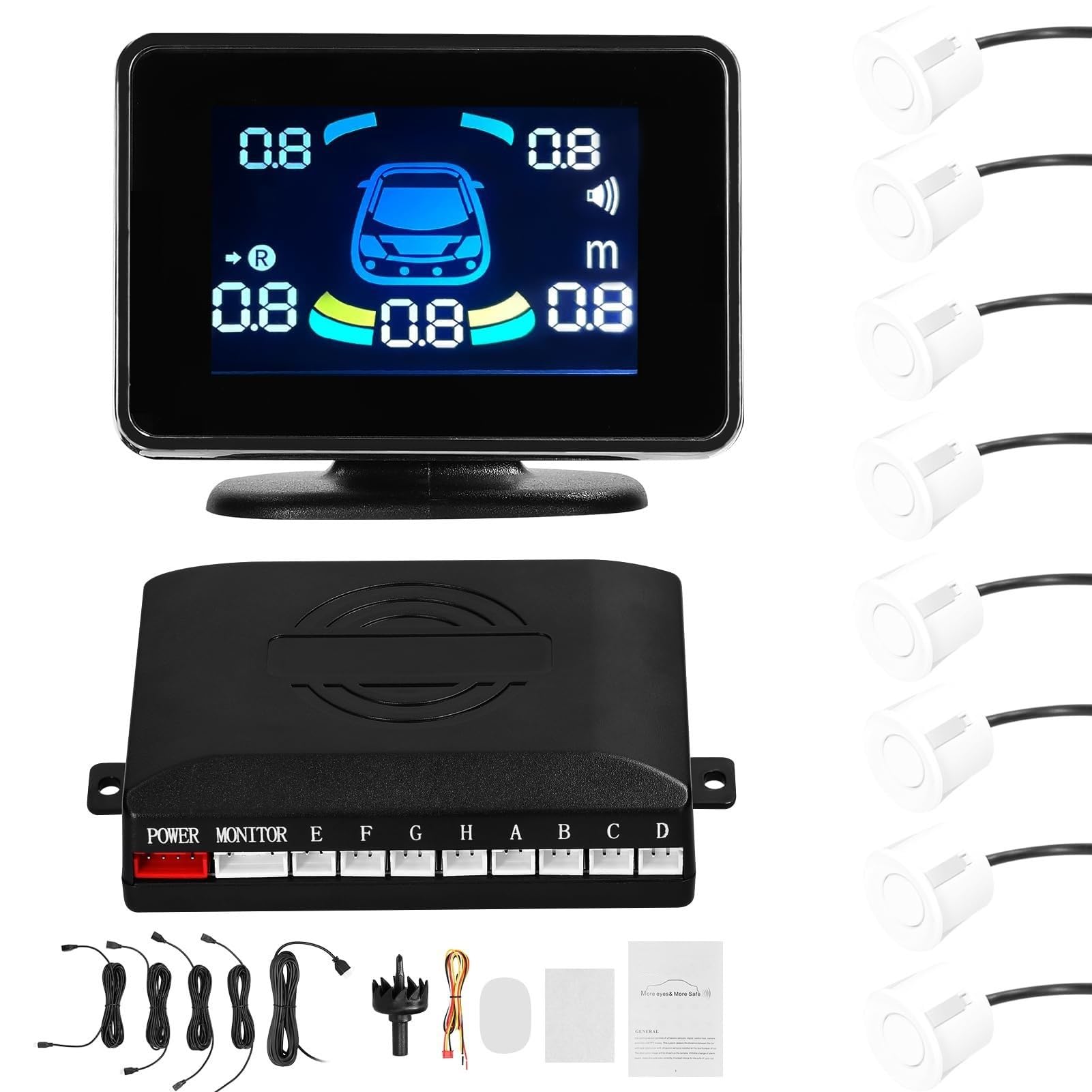 Parksensoren Parksensoren Vorne Und Hinten Rückfahrsensoren Unterstützen Tonwarnung Mit 8 Parksensoren, Abstandserkennung, LCD-Abstandsanzeige Rückfahrsensor(Weiß) von BWVMVB