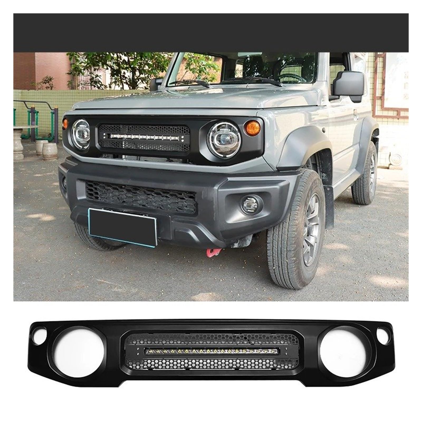 Waben Gitter Kühler Grill Frontgrill Racing Mit Lampen Für Suzuki Für Jimny Für JB64 Für JB74W 2019 2020 2021 Auto Niere Grille Mesh Schwarz Grille Abdeckung Zubehör Kapuze Kühlergrill(G Front Grill) von BWVMVB