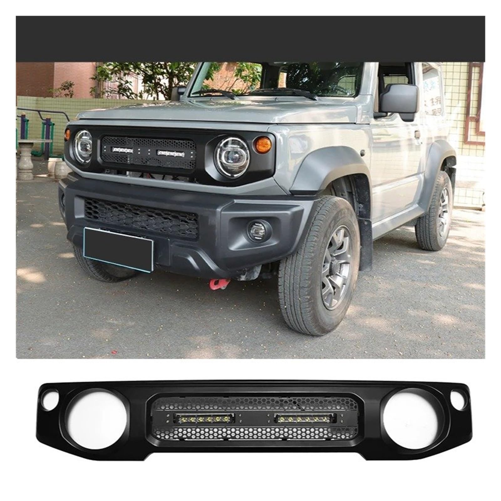 Waben Gitter Kühler Grill Frontgrill Racing Mit Lampen Für Suzuki Für Jimny Für JB64 Für JB74W 2019 2020 2021 Auto Niere Grille Mesh Schwarz Grille Abdeckung Zubehör Kapuze Kühlergrill(H Front Grill) von BWVMVB