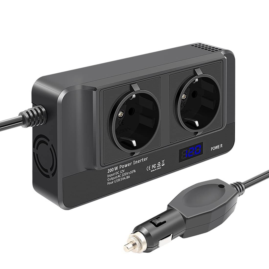 BYCUFF 200W Auto-Wechselrichter, Spannungswandler 12V auf 220V mit Smart Time Display LCD, 2 Steckdosen und 4 USB-AutoladegeräTen (EU-Stecker) von BYCUFF