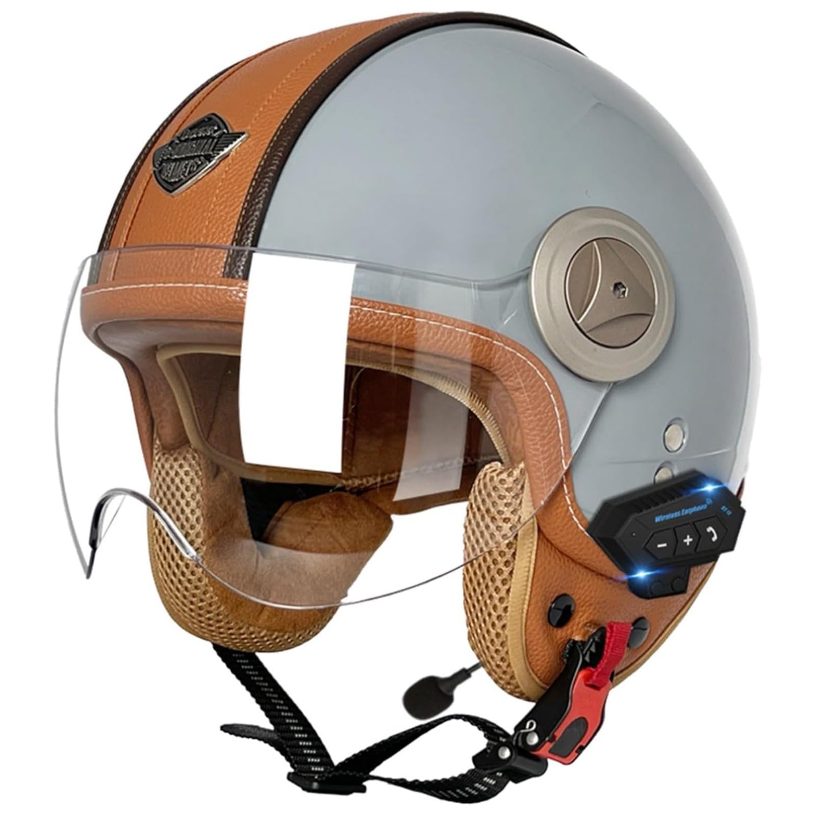 BYFHHHH Bluetooth-Helm Jethelm, DOT/ECE-Zertifizierung 3/4 Motorrad-Jethelm Mit Sonnenblende Motorrad-Sturzhelm Für Erwachsene C,L=59~60CM von BYFHHHH