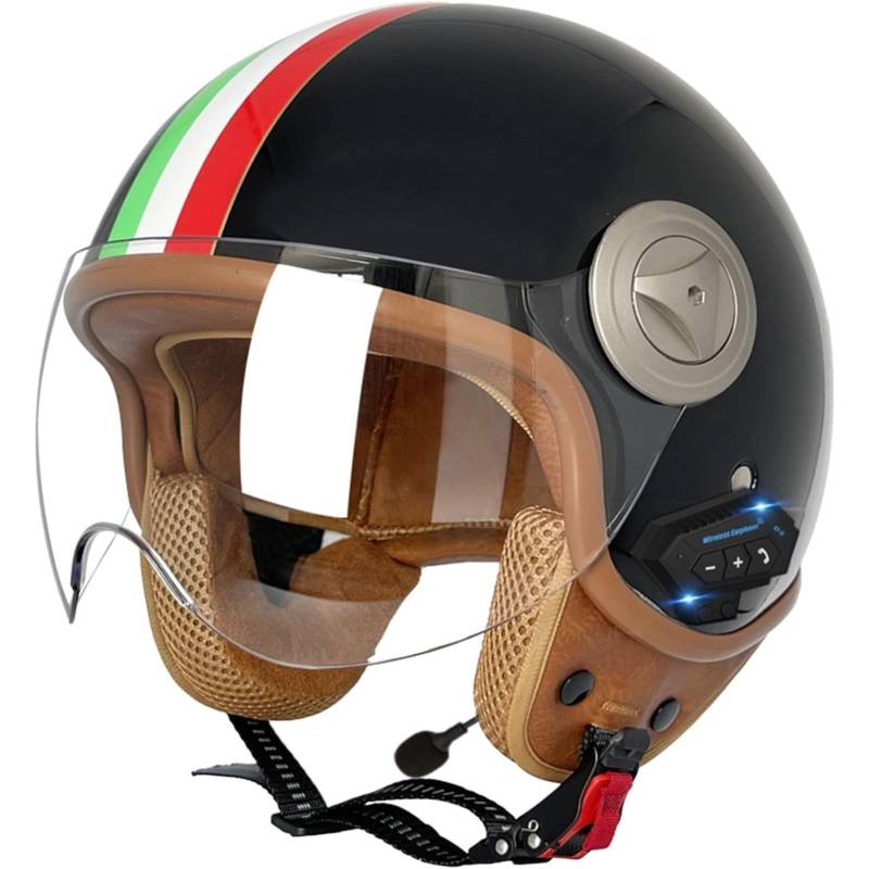 BYFHHHH Bluetooth-Helm Jethelm, DOT/ECE-Zertifizierung 3/4 Motorrad-Jethelm Mit Sonnenblende Motorrad-Sturzhelm Für Erwachsene F,XL=61~62CM von BYFHHHH