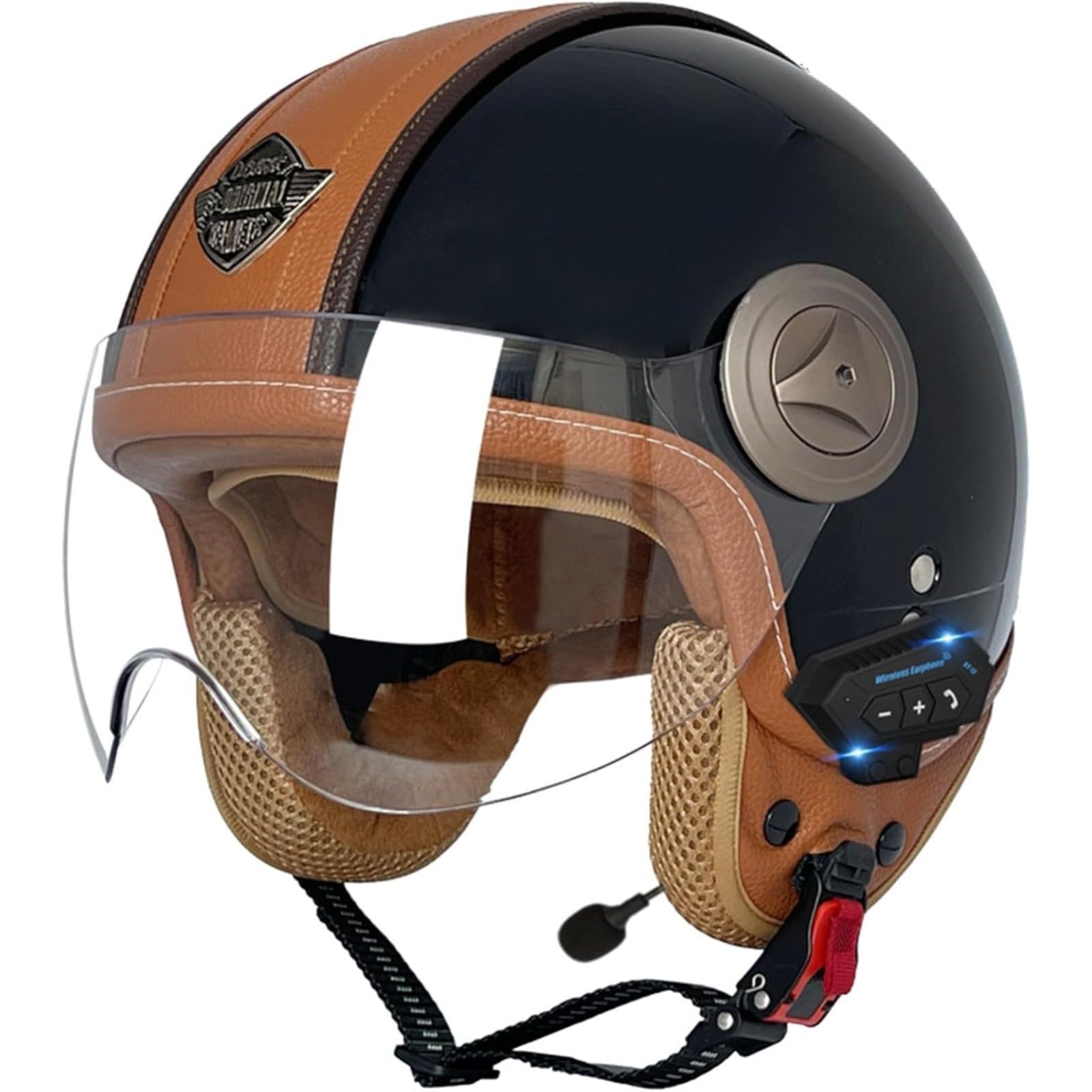 BYFHHHH Bluetooth-Helm Jethelm, DOT/ECE-Zertifizierung 3/4 Motorrad-Jethelm Mit Sonnenblende Motorrad-Sturzhelm Für Erwachsene K,M=57~58CM von BYFHHHH