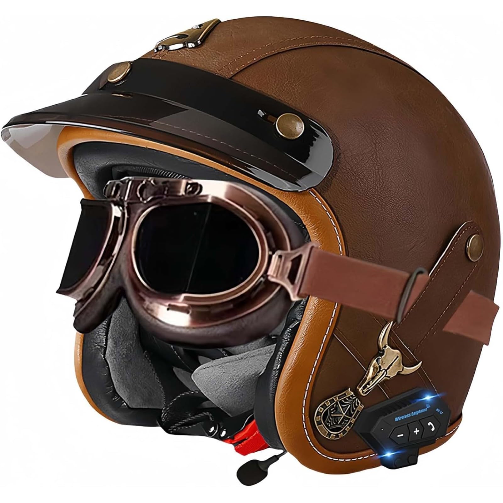 BYFHHHH Bluetooth-Helme, ECE-Geprüfter Vintage-Motorrad-Halbhelm, Offener Mopedhelm Mit Doppelter Größenanpassung Für Cruiser-Bikes, Erwachsene Männer Frauen A,L=57~60CM von BYFHHHH