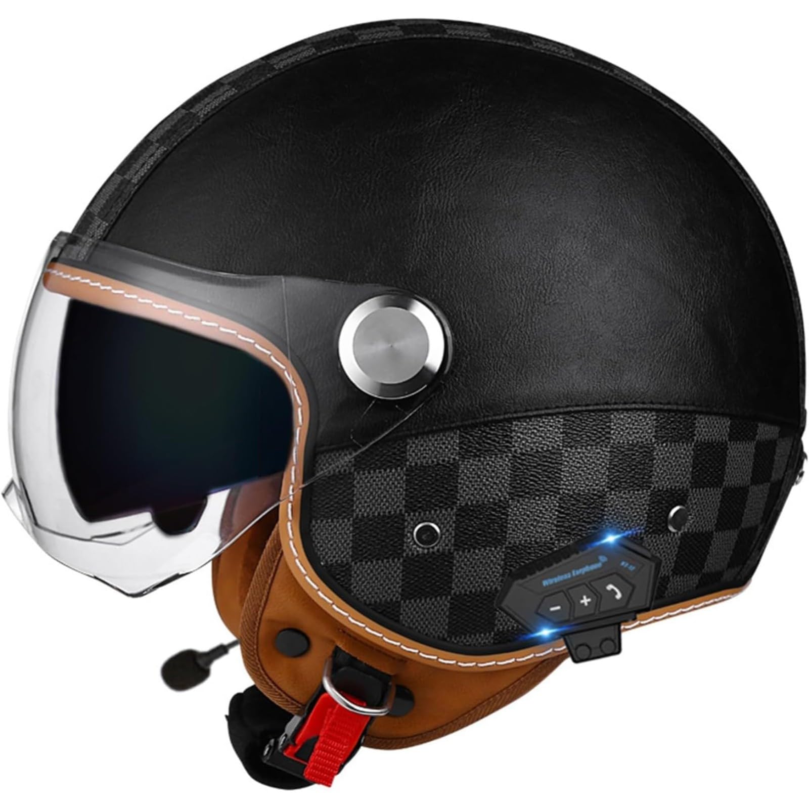 BYFHHHH Bluetooth Jethelm 3/4 Helm, ECE Zertifizierung Motorrad Integrierter Bluetooth Helm Jet Scooter Helm Jethelm Herren Damen Mit Doppelspiegel F,L=59~60CM von BYFHHHH