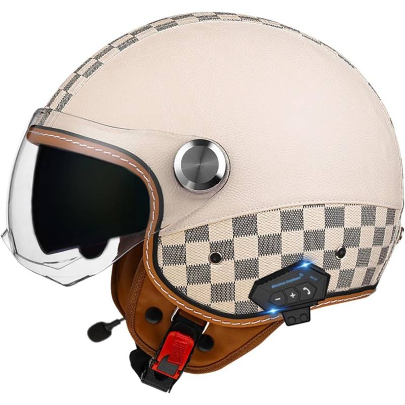 BYFHHHH Bluetooth Jethelm 3/4 Helm, ECE Zertifizierung Motorrad Integrierter Bluetooth Helm Jet Scooter Helm Jethelm Herren Damen Mit Doppelspiegel I,XL=61~62CM von BYFHHHH