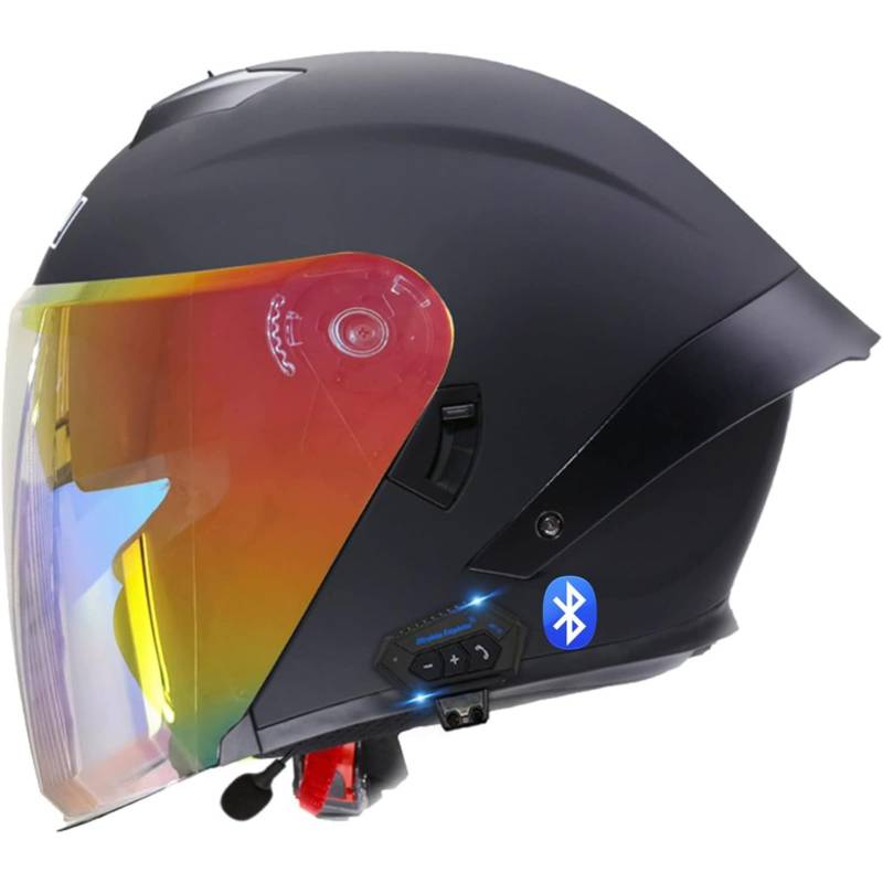 BYFHHHH Bluetooth Jethelm Motorradhelm, ECE Zertifizierung Herren Damen Integrierter Bluetooth Helm Jet Scooter Helm Jethelm Mit Doppelspiegel B,M=57~58CM von BYFHHHH