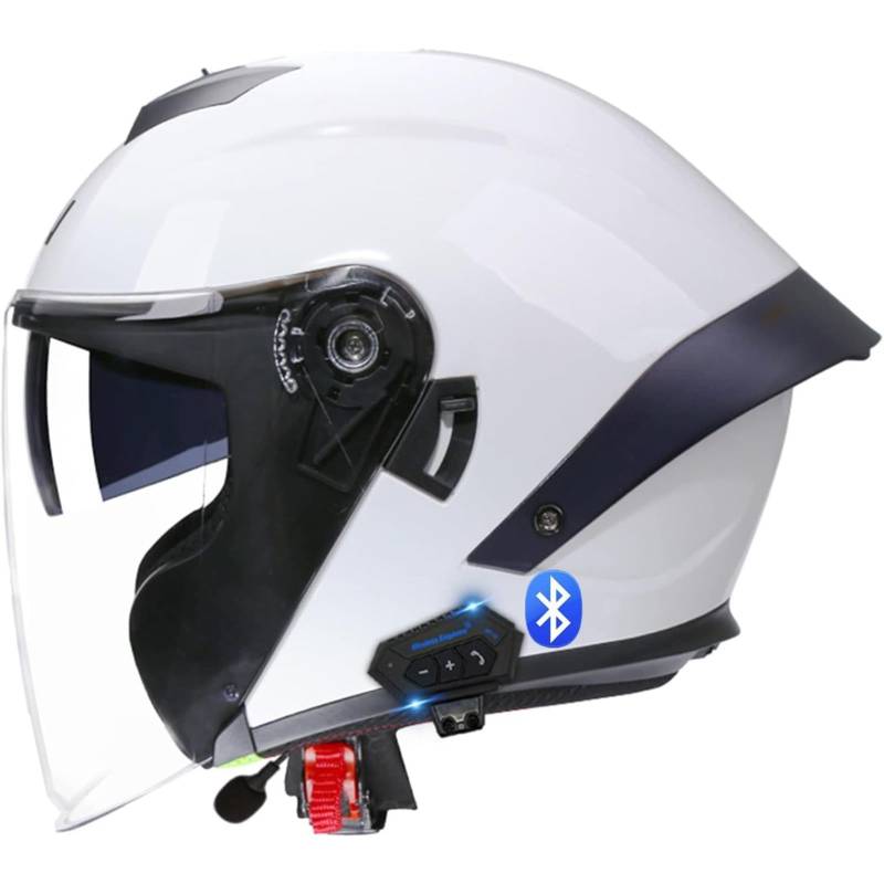 BYFHHHH Bluetooth Jethelm Motorradhelm, ECE Zertifizierung Herren Damen Integrierter Bluetooth Helm Jet Scooter Helm Jethelm Mit Doppelspiegel C,XL=61~62CM von BYFHHHH