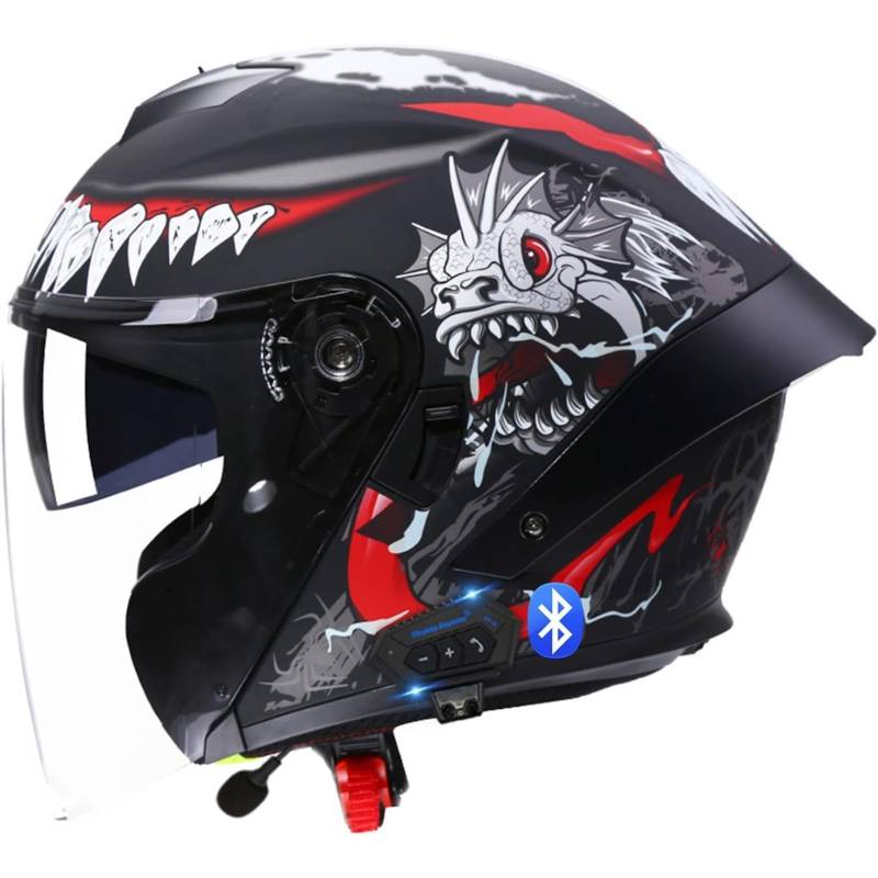 BYFHHHH Bluetooth Jethelm Motorradhelm, ECE Zertifizierung Herren Damen Integrierter Bluetooth Helm Jet Scooter Helm Jethelm Mit Doppelspiegel E,L=59~60CM von BYFHHHH