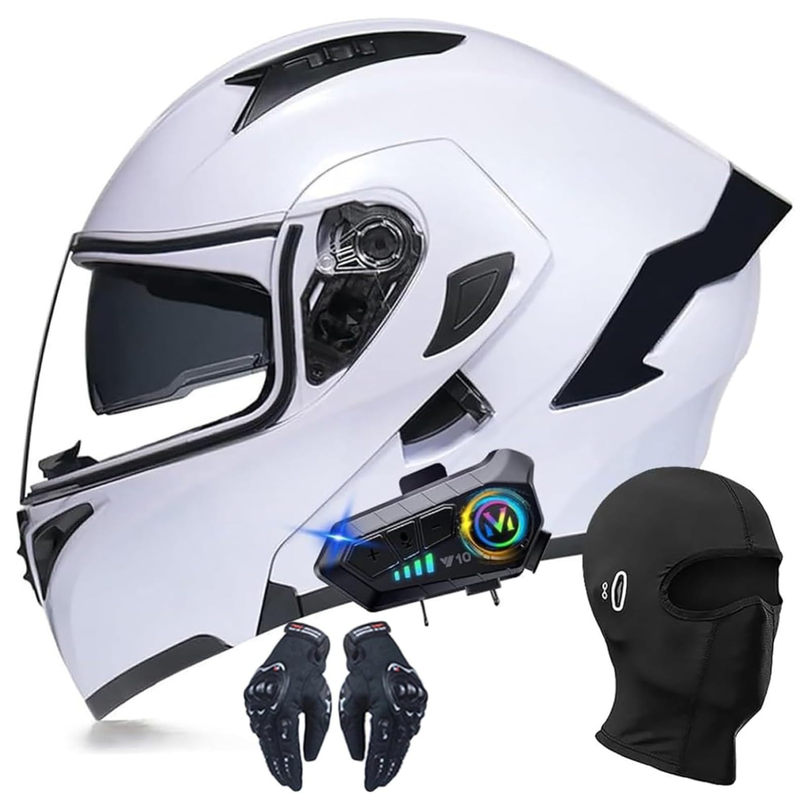 BYFHHHH Bluetooth-Modularhelme Für Motorradfahrer, Integralhelm Mit Hochklappbarem Antibeschlag-Doppelvisier, Eingebauter Doppellautsprecher, DOT/ECE-Zulassung A,L=56~57CM von BYFHHHH