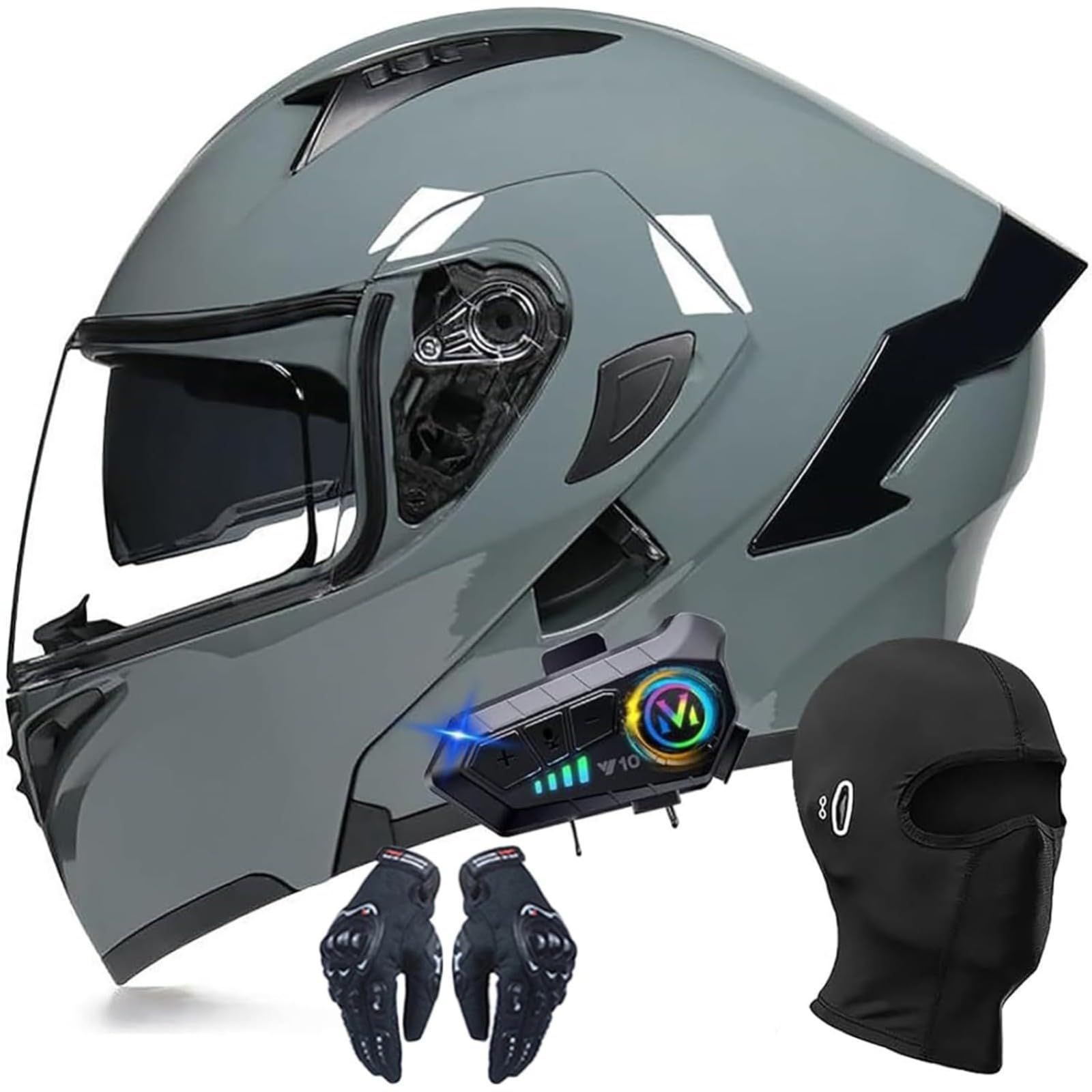 BYFHHHH Bluetooth-Modularhelme Für Motorradfahrer, Integralhelm Mit Hochklappbarem Antibeschlag-Doppelvisier, Eingebauter Doppellautsprecher, DOT/ECE-Zulassung B,L=56~57CM von BYFHHHH