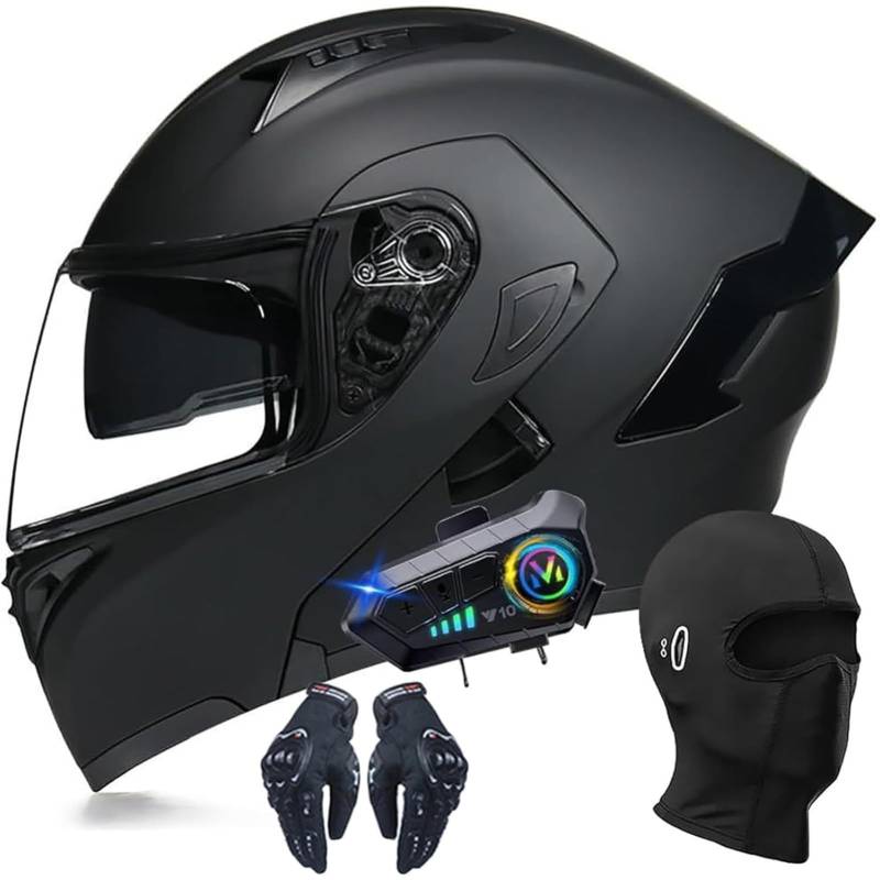 BYFHHHH Bluetooth-Modularhelme Für Motorradfahrer, Integralhelm Mit Hochklappbarem Antibeschlag-Doppelvisier, Eingebauter Doppellautsprecher, DOT/ECE-Zulassung C,XXL=60~61CM von BYFHHHH