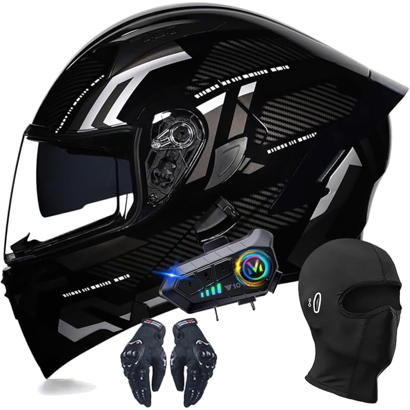 BYFHHHH Bluetooth-Modularhelme Für Motorradfahrer, Integralhelm Mit Hochklappbarem Antibeschlag-Doppelvisier, Eingebauter Doppellautsprecher, DOT/ECE-Zulassung E,L=56~57CM von BYFHHHH