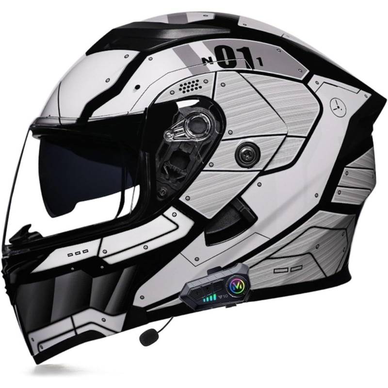 BYFHHHH Bluetooth-Motorrad-Klapphelm, DOT/ECE-Zertifizierter Motorradhelm, Integralhelme Mit Mikrofon Für Automatische Reaktion, Motocross-Helme Mit Anti-Fog-Doppelvisier F,L=59~60CM von BYFHHHH