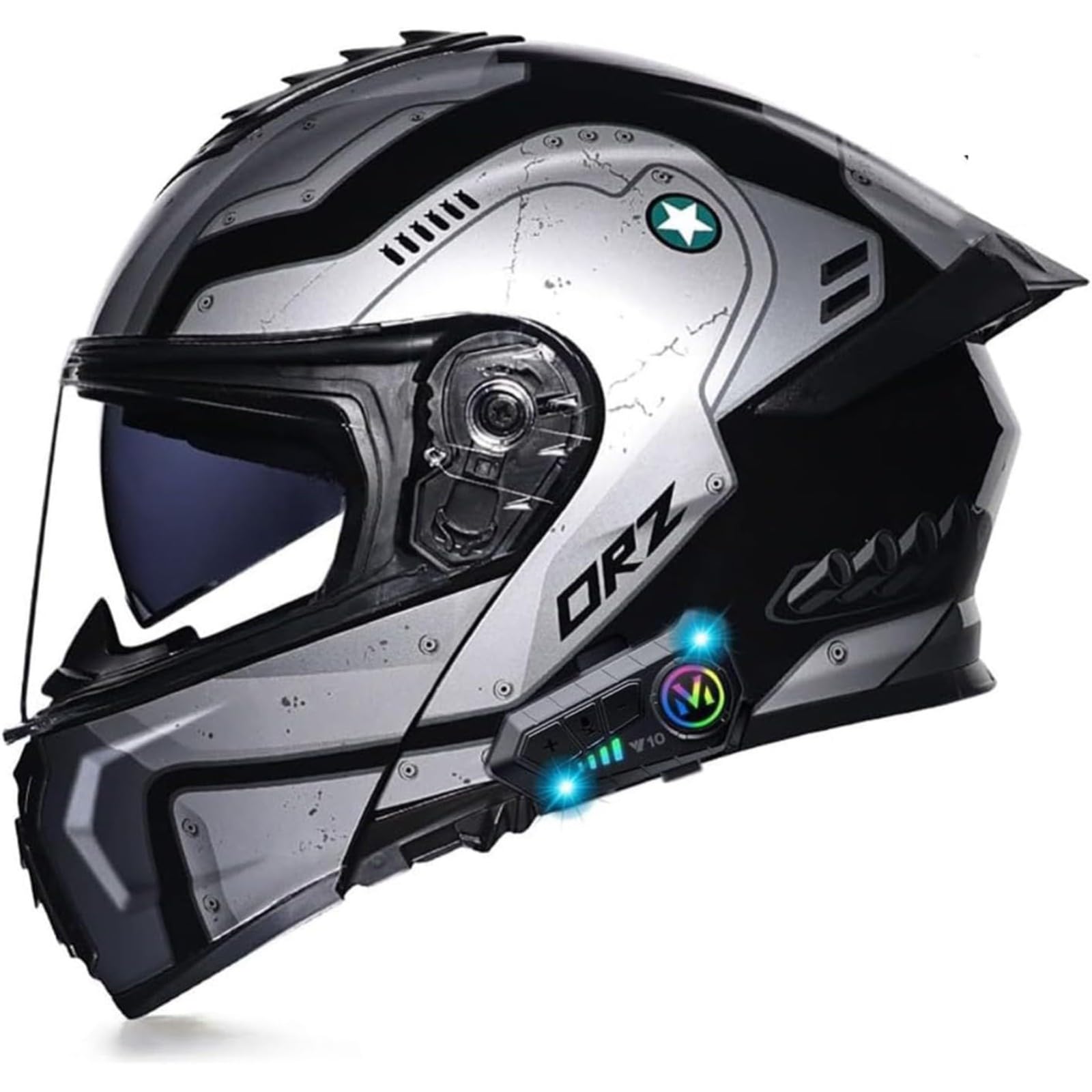 BYFHHHH Bluetooth-Motorradhelm, DOT/ECE-Zugelassener Motorrad-Integralhelm, Klapphelm, Modularer Helm Mit Doppelvisier, Kopfhörer Für Automatische Antwort E,XXXL=65~66CM von BYFHHHH