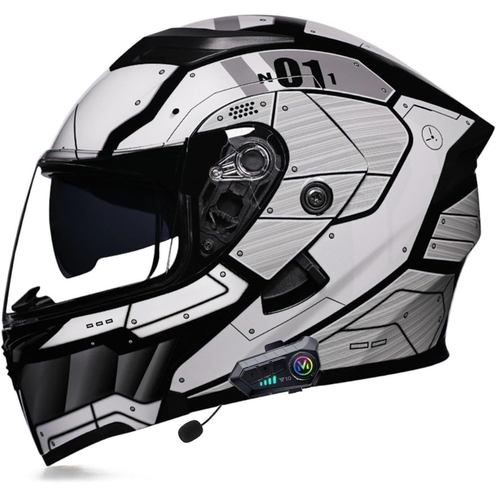 BYFHHHH Bluetooth-Motorradhelm, ECE-Geprüfter Integrierter Klapphelm Mit Doppelvisier, Modularer Motorradhelm Mit Headset Mit Zwei Lautsprechern Und Automatischer Anrufannahme E,L=59~60CM von BYFHHHH