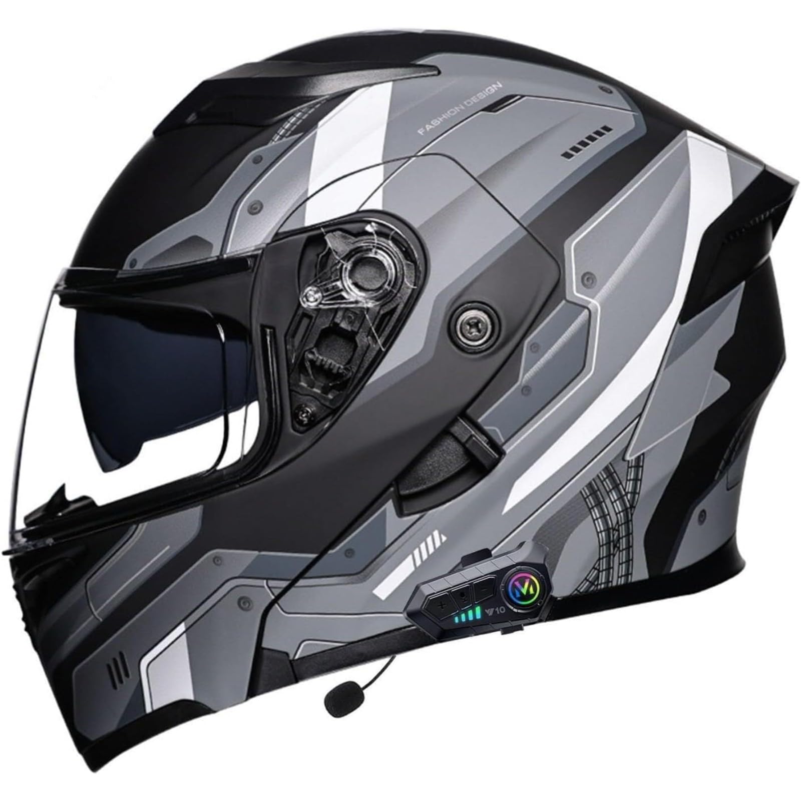 BYFHHHH Bluetooth-Motorradhelm, ECE-Geprüfter Integrierter Klapphelm Mit Doppelvisier, Modularer Motorradhelm Mit Headset Mit Zwei Lautsprechern Und Automatischer Anrufannahme L,M=57~58CM von BYFHHHH