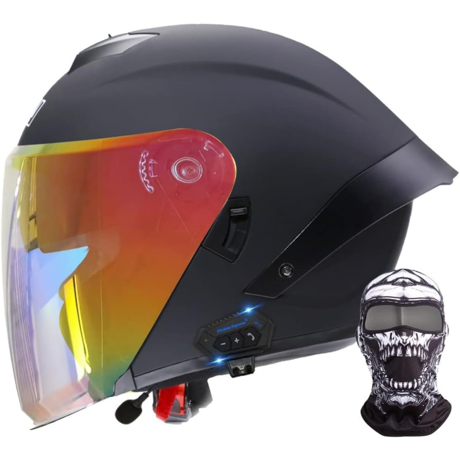 BYFHHHH Bluetooth-Motorradhelm, Halbhelme, ECE-Geprüfter 3/4-Halboffener Helm, Bestanden Den Straßensicherheitstest, Das Windgeräuschradio Frauen Männer B,L=59~60CM von BYFHHHH