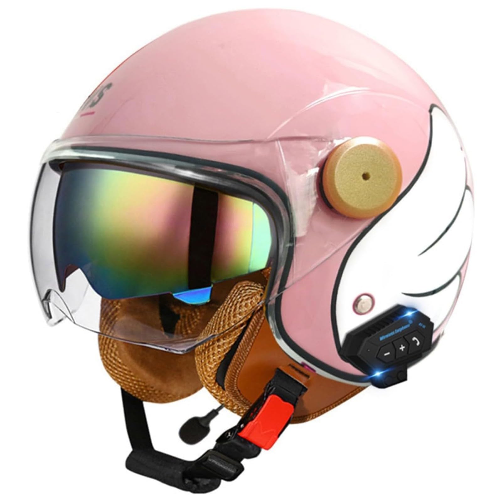 BYFHHHH Bluetooth Motorradhelm Retro Halbhelm Helm Moped, ECE Zertifizierung Motorradhelm Mit Sonnenblende, Halbschalenhelm Halbschalen Jethelm A3,M=57~58CM von BYFHHHH