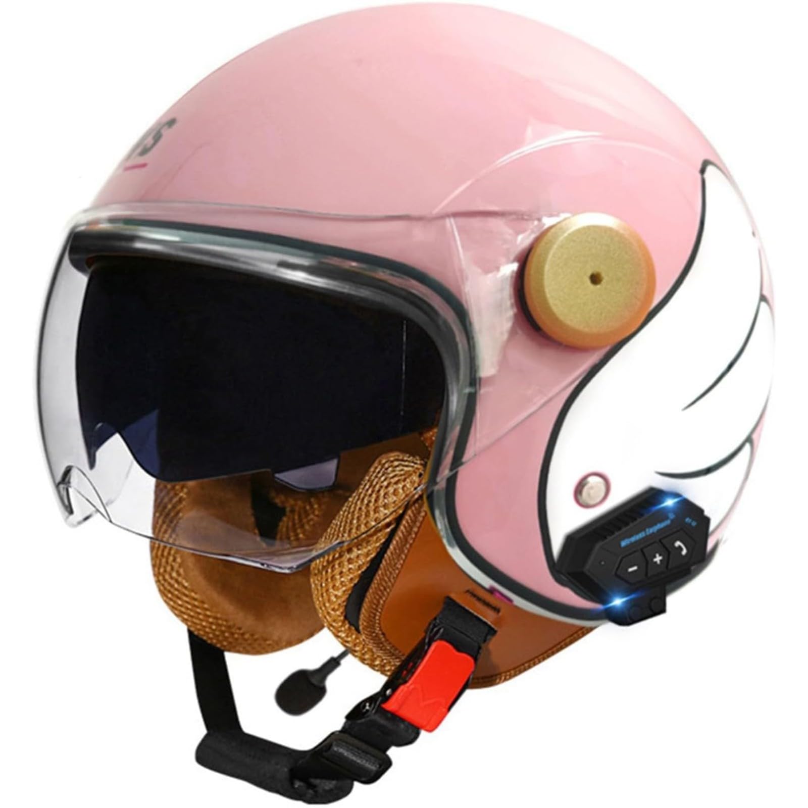 BYFHHHH Bluetooth Motorradhelm Retro Halbhelm Helm Moped, ECE Zertifizierung Motorradhelm Mit Sonnenblende, Halbschalenhelm Halbschalen Jethelm A4,M=57~58CM von BYFHHHH