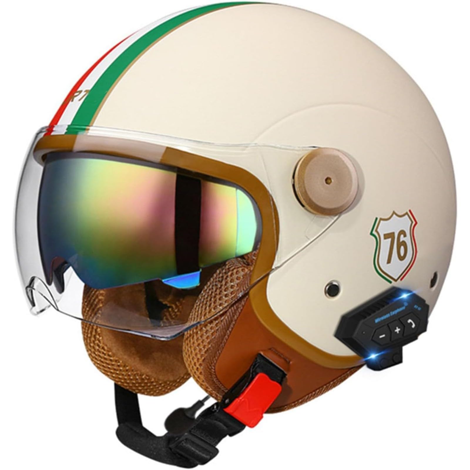 BYFHHHH Bluetooth Motorradhelm Retro Halbhelm Helm Moped, ECE Zertifizierung Motorradhelm Mit Sonnenblende, Halbschalenhelm Halbschalen Jethelm D3,L=59~60CM von BYFHHHH