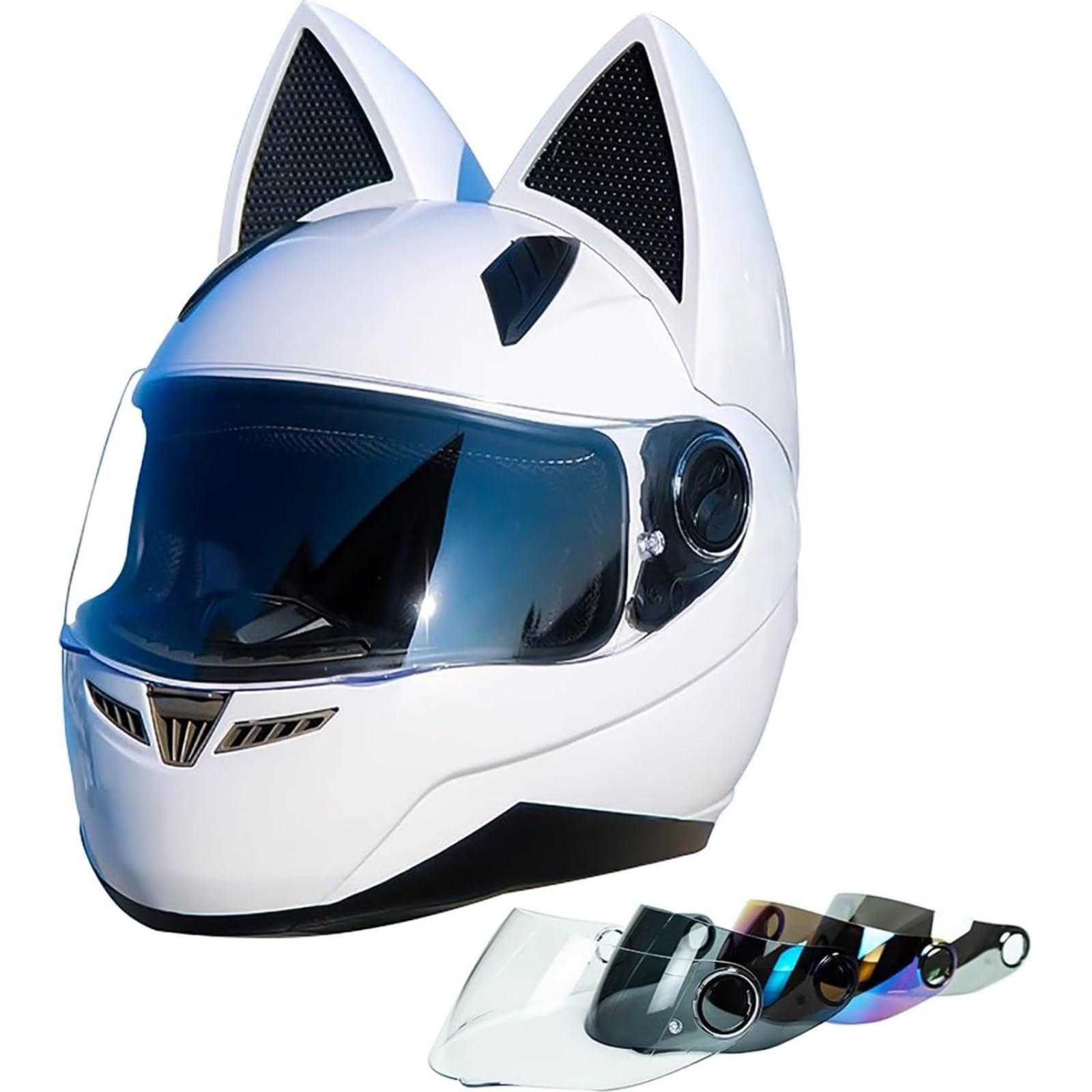 BYFHHHH Damen-Motorradhelm Mit Katzenohren, DOT/ECE-Geprüfter Atmungsaktiver Und Bequemer Integralhelm Für Roller Und Rennfahrer H,M=53~55CM von BYFHHHH