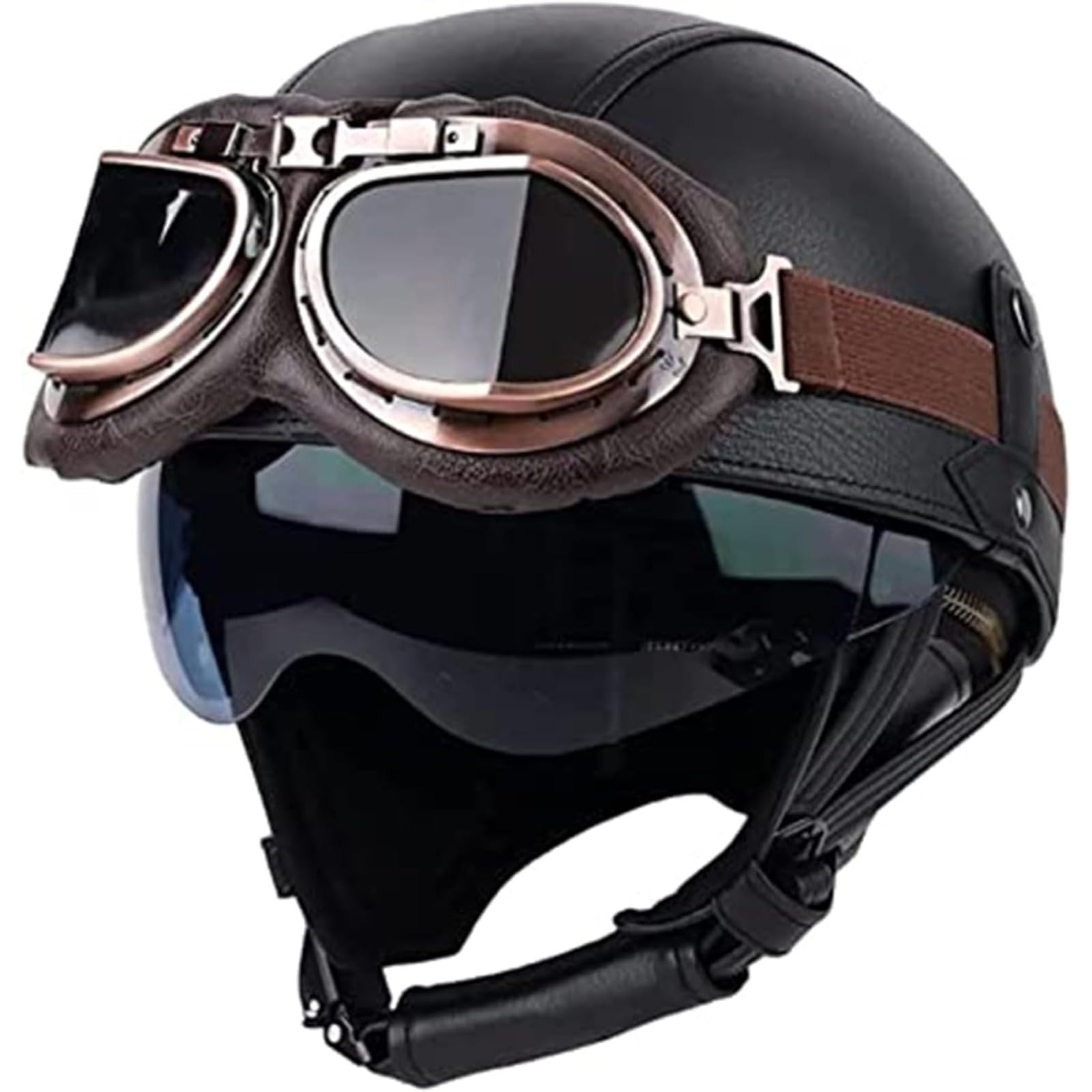 BYFHHHH Halbhelm Für Motorradfahrer Aus Deutschem Leder, DOT-Geprüfter Retro-Motorrad-Sturzhelm, Halbhelm Aus Leder Mit Offenem Gesicht Und UV-Schutzbrille, Jethelm D,XL=61~62CM von BYFHHHH