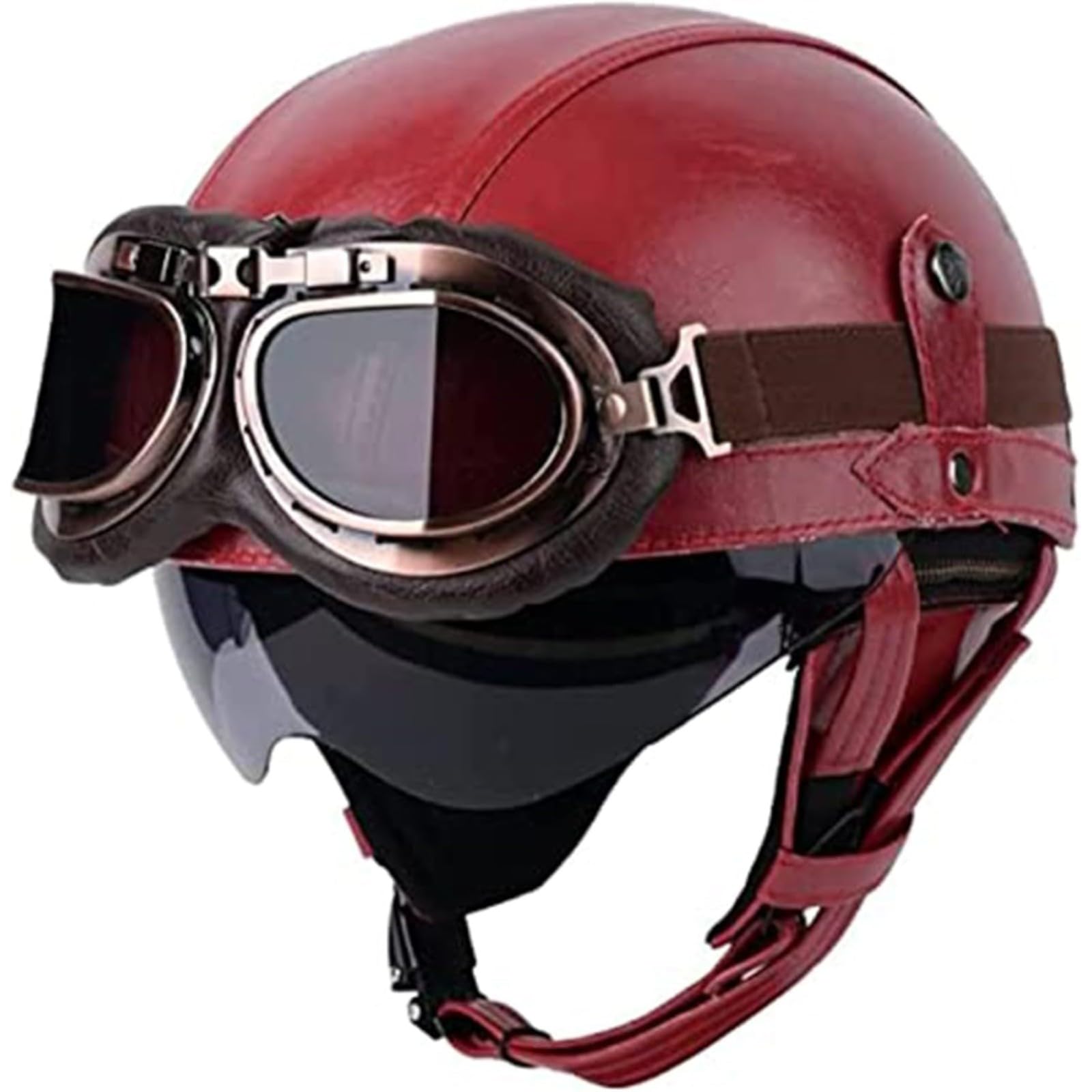 BYFHHHH Halbhelm Für Motorradfahrer Aus Deutschem Leder, DOT-Geprüfter Retro-Motorrad-Sturzhelm, Halbhelm Aus Leder Mit Offenem Gesicht Und UV-Schutzbrille, Jethelm E,XL=61~62CM von BYFHHHH