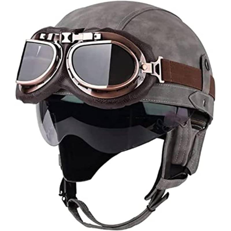 BYFHHHH Halbhelm Für Motorradfahrer Aus Deutschem Leder, DOT-Geprüfter Retro-Motorrad-Sturzhelm, Halbhelm Aus Leder Mit Offenem Gesicht Und UV-Schutzbrille, Jethelm F,L=59~60CM von BYFHHHH