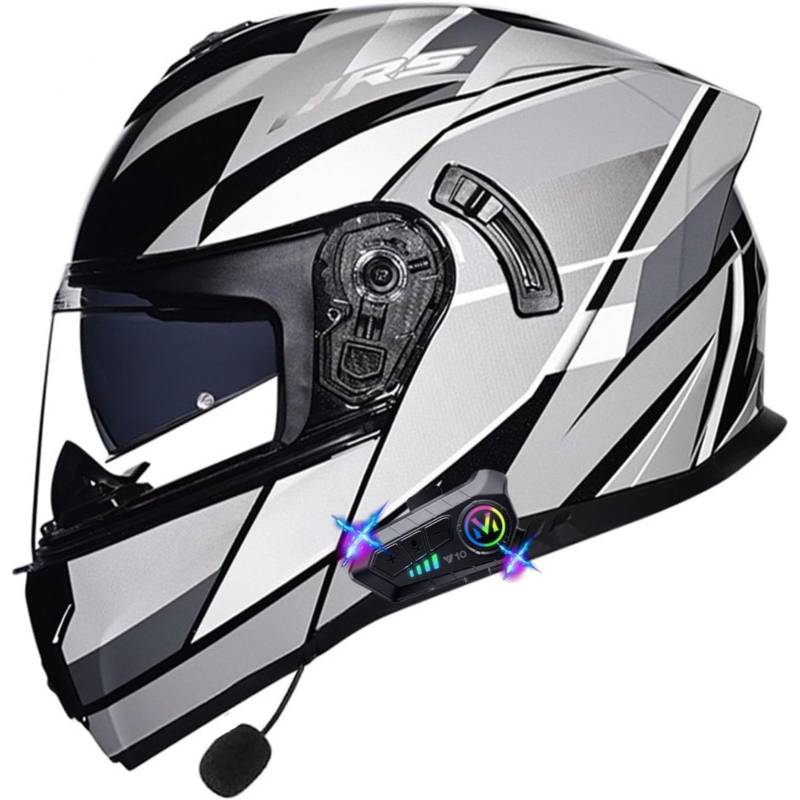 BYFHHHH Klapphelm Mit Bluetooth, DOT/ECE-Geprüfter Motorradhelm Für Herren Und Damen Mit Doppelvisier, Modularhelm, Integralhelm, Bluetooth-Helme, Motocross-Helm D,XXL=63~64CM von BYFHHHH