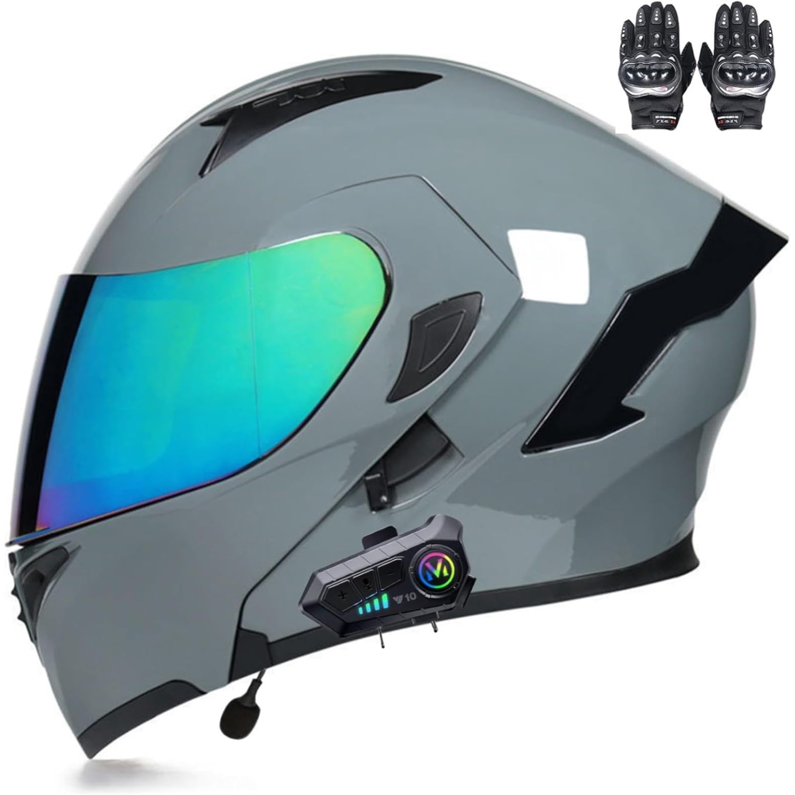 BYFHHHH Klapphelm Mit Bluetooth-Motorradhelm, ECE-Zertifizierter Sturzhelm, Integrierter Motorradhelm, Mit Doppelvisier-Mikrofon-Motorradhelm Für Erwachsene D,XXL=63~64CM von BYFHHHH