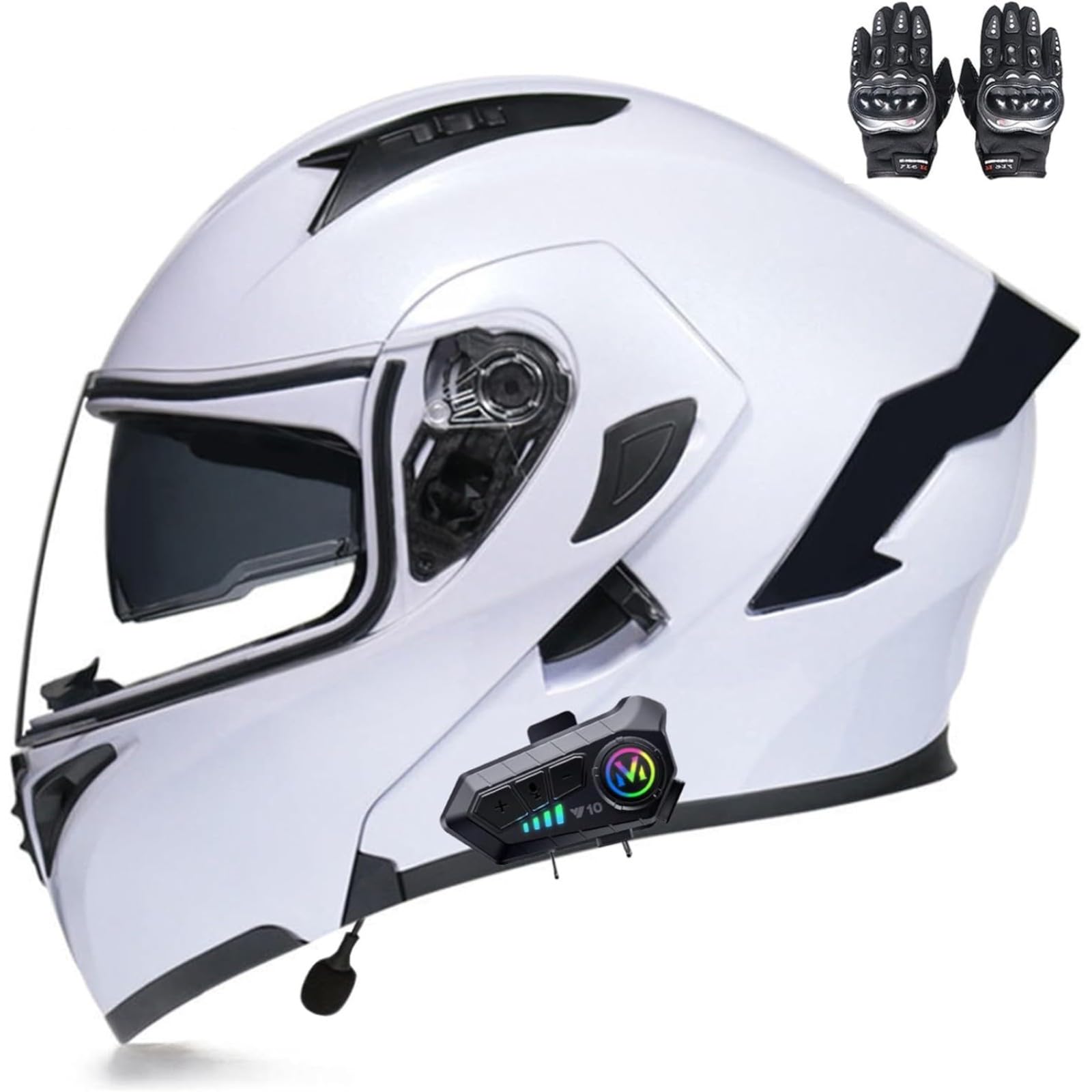 BYFHHHH Klapphelm Mit Bluetooth-Motorradhelm, ECE-Zertifizierter Sturzhelm, Integrierter Motorradhelm, Mit Doppelvisier-Mikrofon-Motorradhelm Für Erwachsene G,XL=61~62CM von BYFHHHH