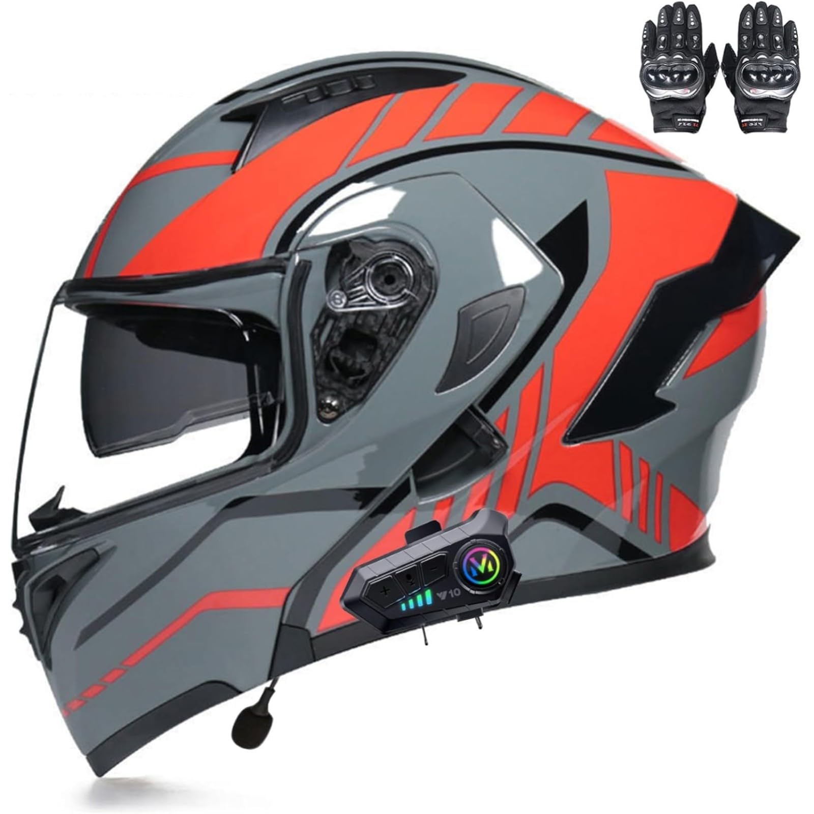 BYFHHHH Klapphelm Mit Bluetooth-Motorradhelm, ECE-Zertifizierter Sturzhelm, Integrierter Motorradhelm, Mit Doppelvisier-Mikrofon-Motorradhelm Für Erwachsene Q,L=59~60CM von BYFHHHH