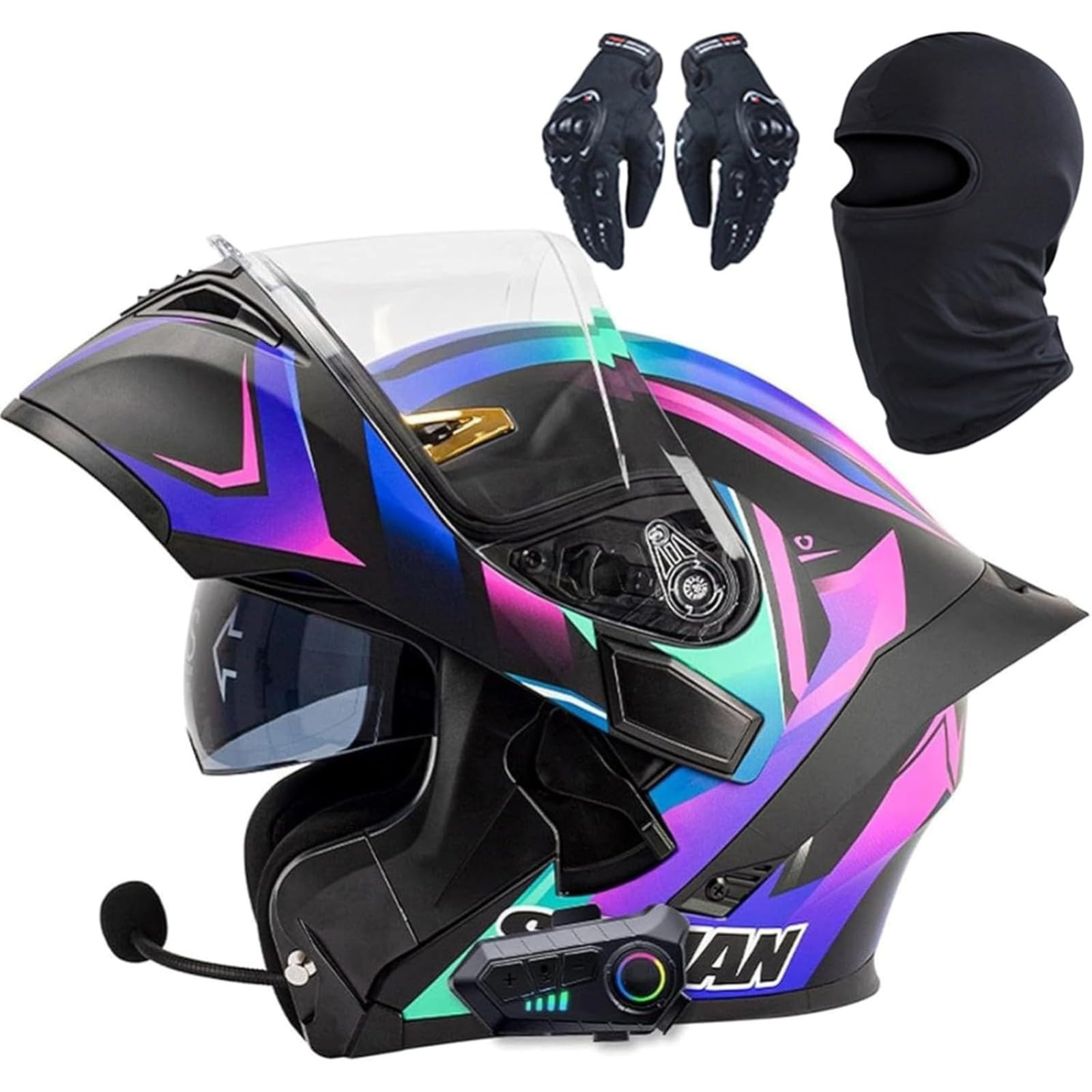 BYFHHHH Motorradhelm, DOT/ECE-Zertifizierter Bluetooth-Integralhelm Mit Klappfunktion, Modularer Integralhelm Mit Lautsprecher-Headset, Für Erwachsene Männer Frauen E,L=59~60CM von BYFHHHH