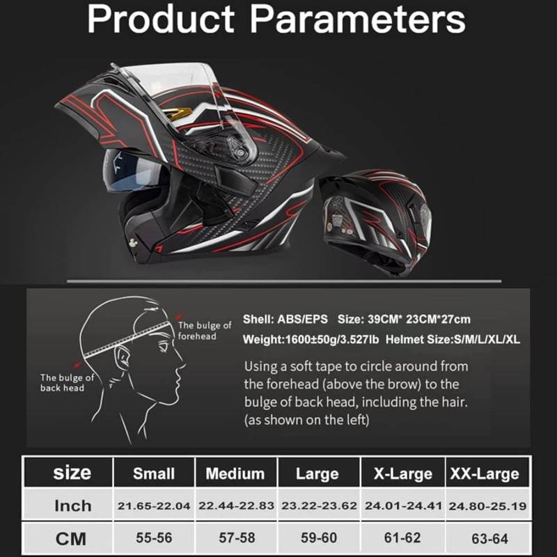 BYFHHHH Motorradhelm, DOT/ECE-Zertifizierter Integrierter Klapphelm, Flip-Integralhelm Für Männer Und Frauen, Mit Doppelvisier, Integralhelm, Motocross-Helm K,L=59~60cm von BYFHHHH