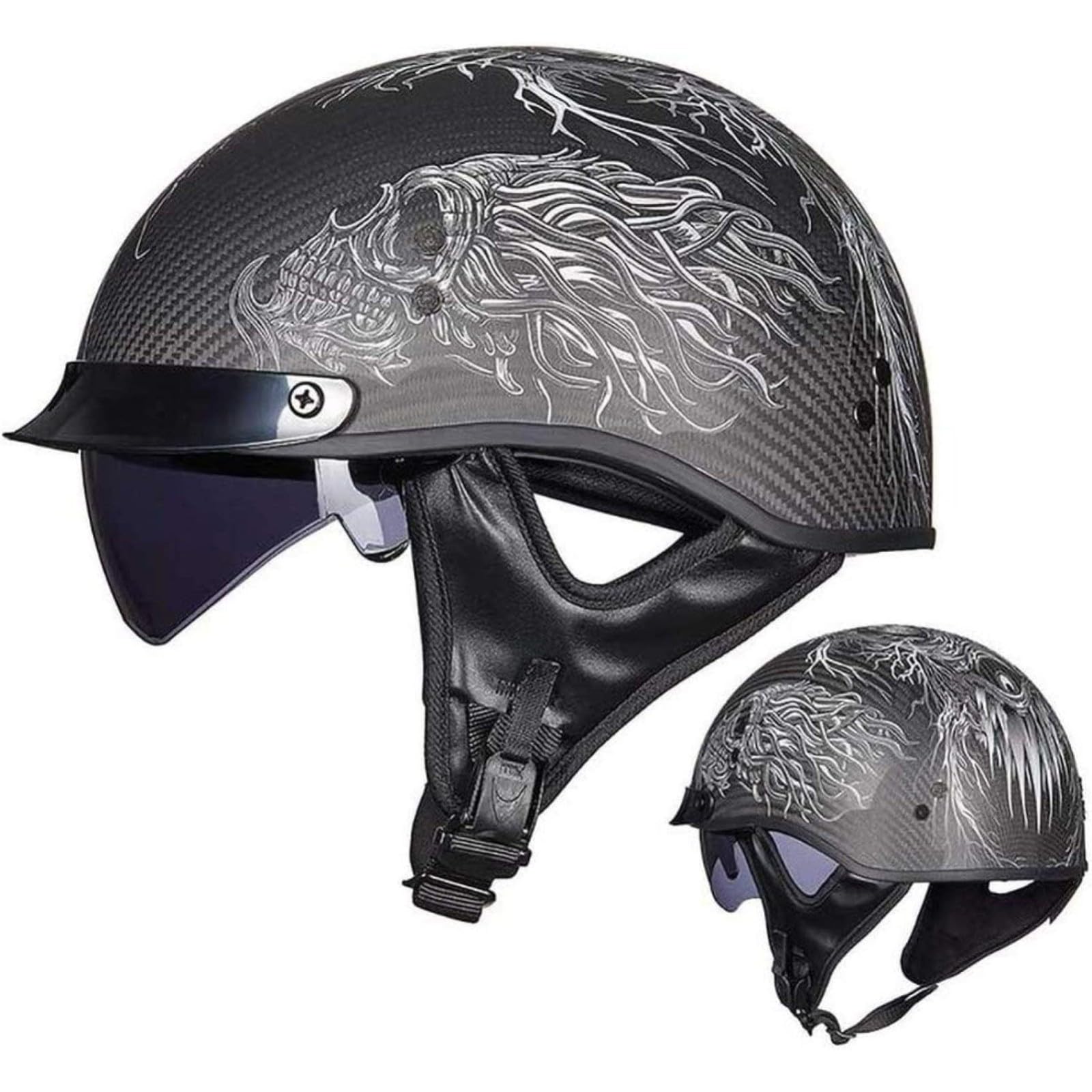 BYFHHHH Motorradhelm, ECE-Zertifizierter Retro-Motorradhelm Aus Carbonfaser, Halbhelm, Cruiser-Scooter-Jethelm, Offener Helm, Unisex E,XXL=63~64CM von BYFHHHH