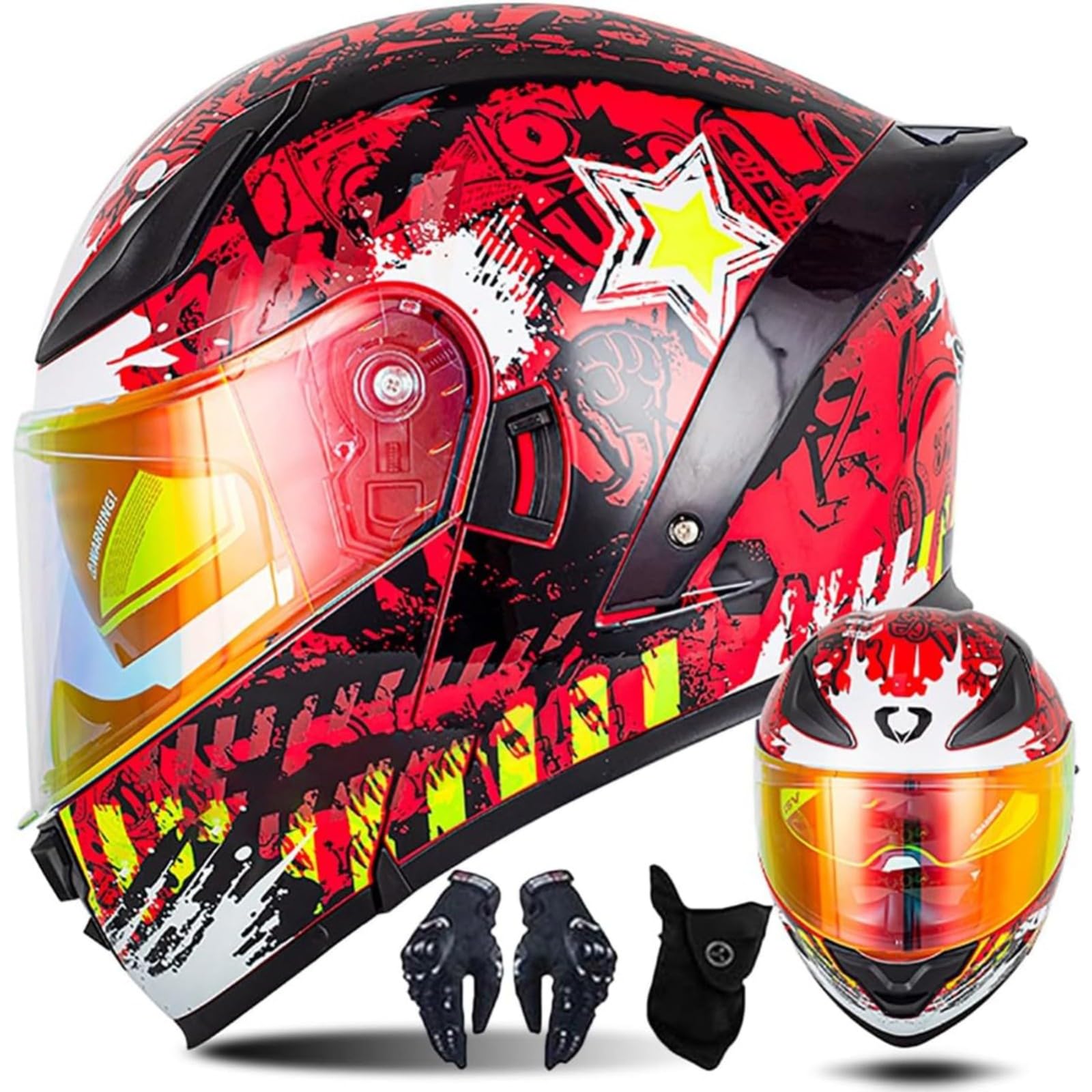 BYFHHHH Motorradhelm Klapphelm, ECE-Geprüfter Modularer Helm Für Männer Und Frauen Mit Doppelter Sonnenblende, Integralhelm, Mehreren Belüftungslöchern D,S=55~56CM von BYFHHHH