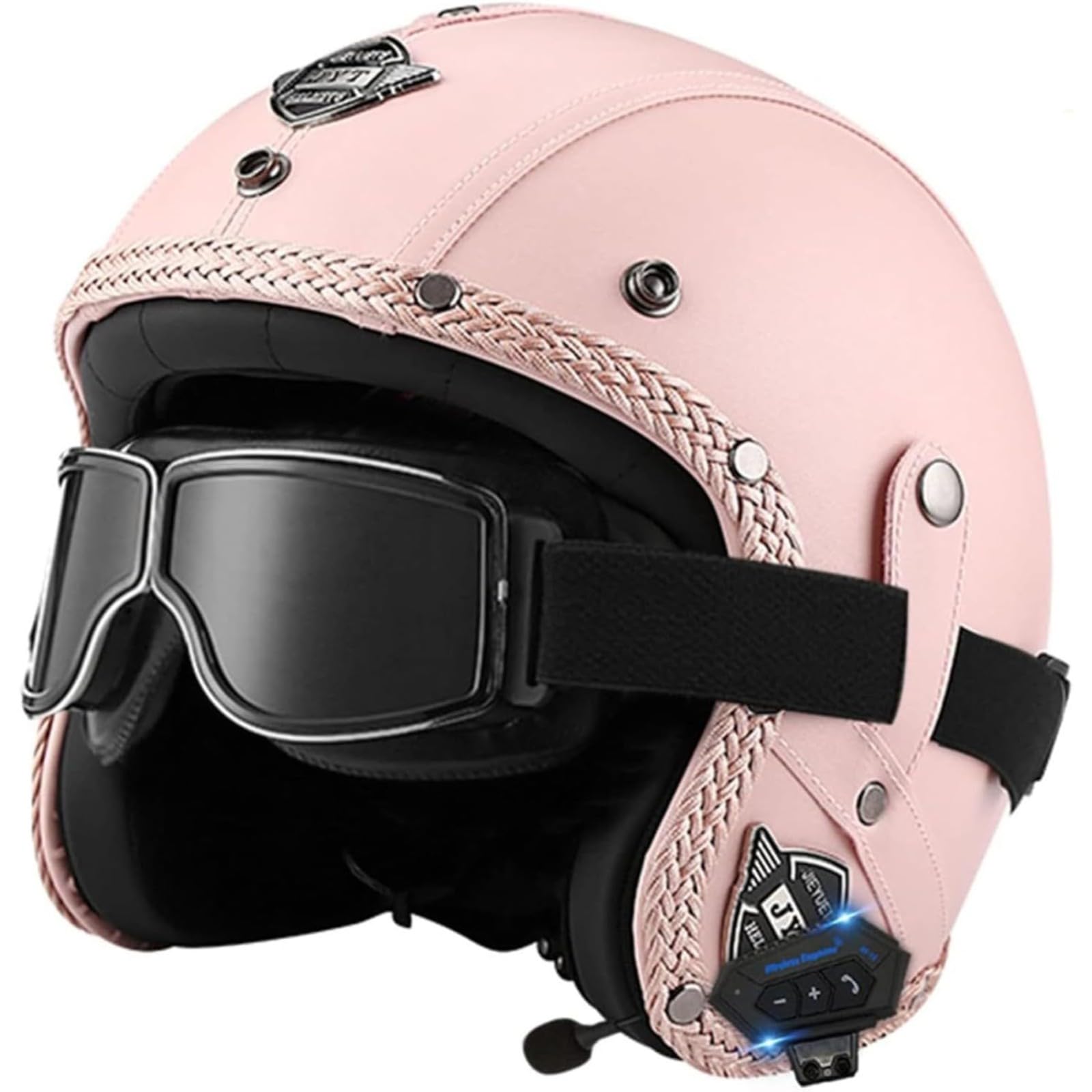 BYFHHHH Retro-Motorradhelm 3/4 Bluetooth-Jethelme, ECE-Zulassung Retro-Vintage-Stil Motorrad-Halbhelme Unisex-Jethelm Halbhelm Für Cruiser A,S=55~56CM von BYFHHHH