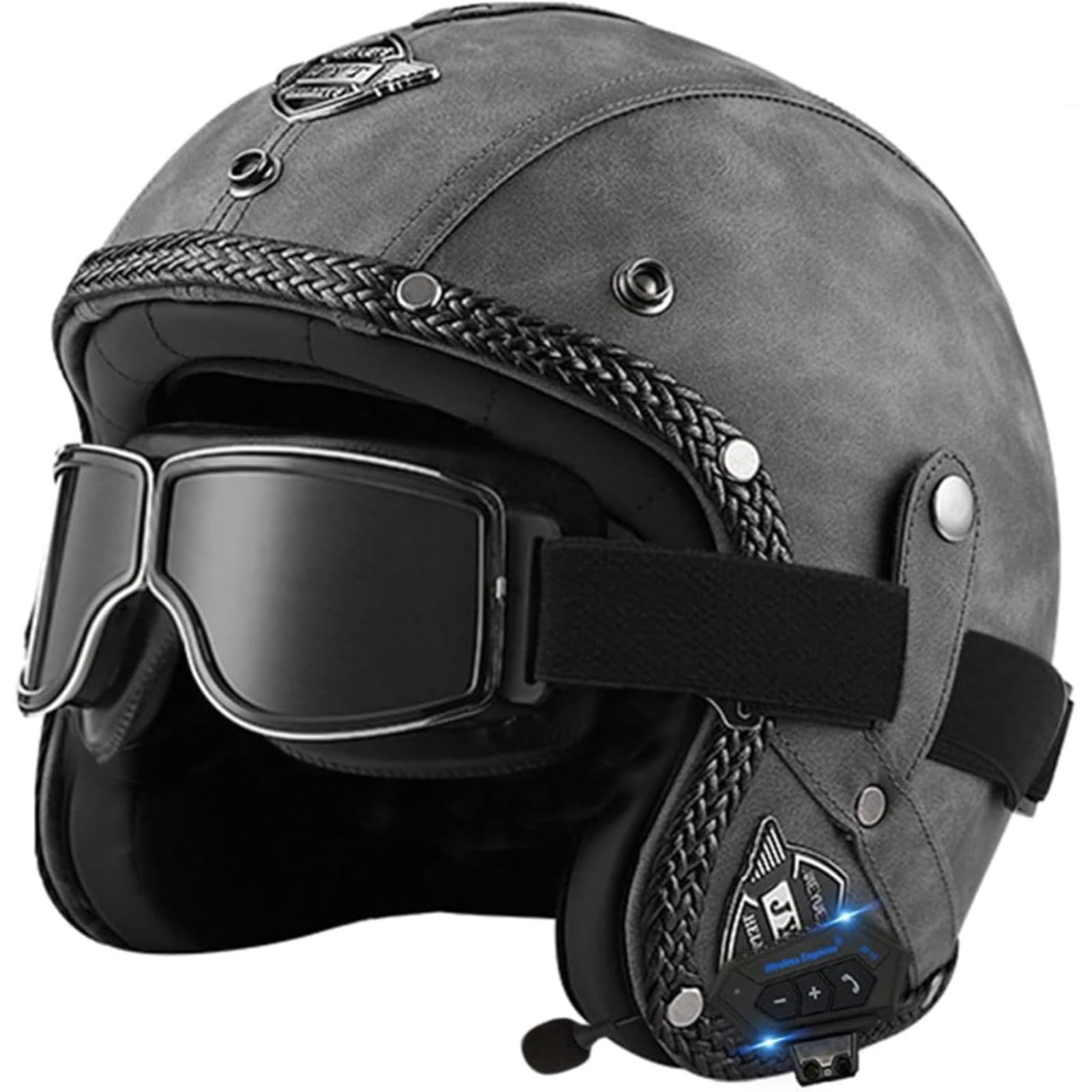 BYFHHHH Retro-Motorradhelm 3/4 Bluetooth-Jethelme, ECE-Zulassung Retro-Vintage-Stil Motorrad-Halbhelme Unisex-Jethelm Halbhelm Für Cruiser D,XXL=63~64CM von BYFHHHH