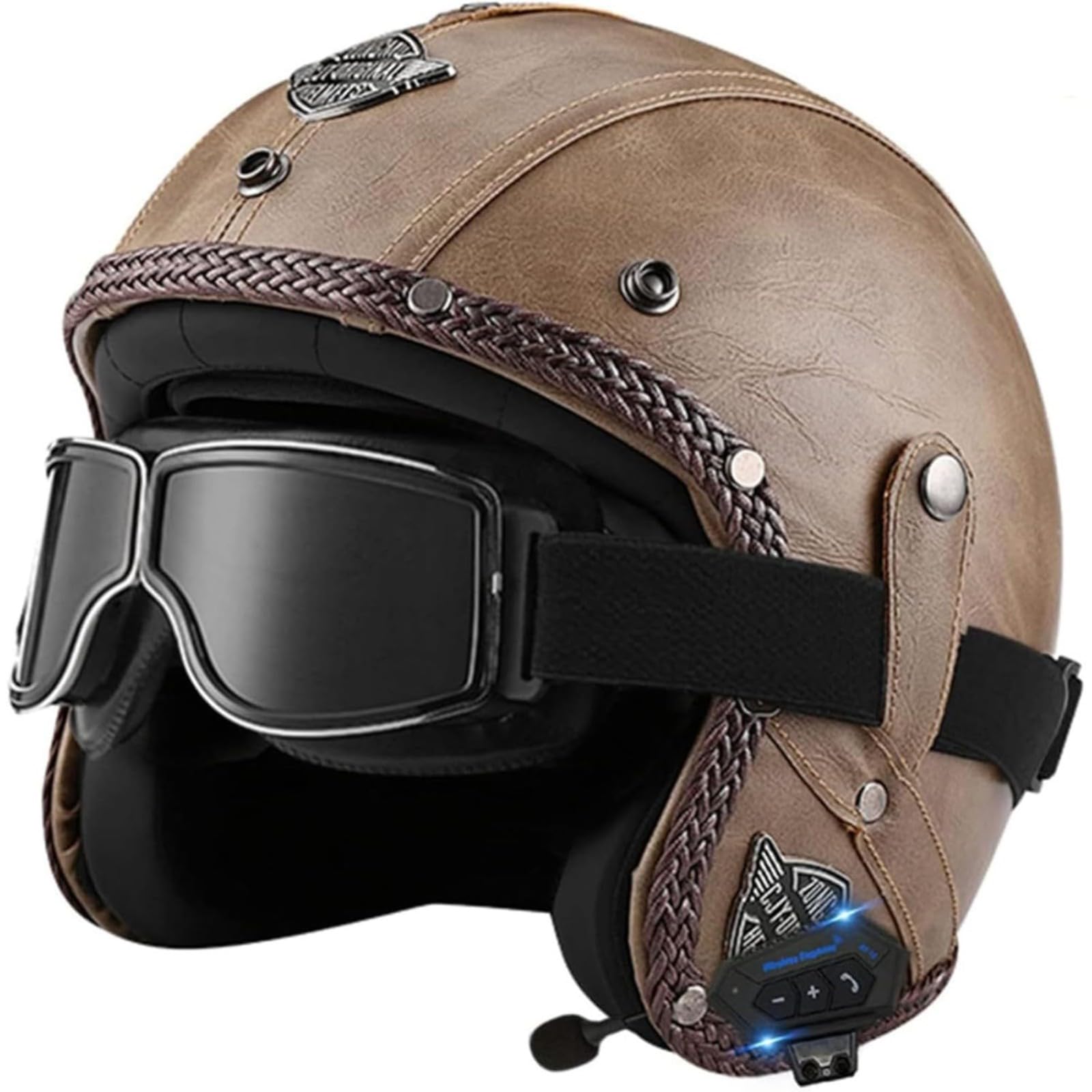 BYFHHHH Retro-Motorradhelm 3/4 Bluetooth-Jethelme, ECE-Zulassung Retro-Vintage-Stil Motorrad-Halbhelme Unisex-Jethelm Halbhelm Für Cruiser F,L=59~60CM von BYFHHHH