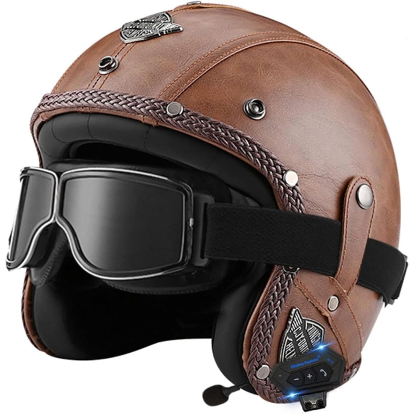 BYFHHHH Retro-Motorradhelm 3/4 Bluetooth-Jethelme, ECE-Zulassung Retro-Vintage-Stil Motorrad-Halbhelme Unisex-Jethelm Halbhelm Für Cruiser H,L=59~60CM von BYFHHHH