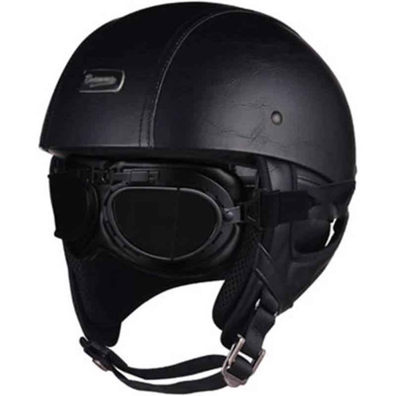 BYFHHHH Vintage-Offener Helm, ECE-Geprüfter Retro-Motorrad-Halbhelm, Motorradhelm Brain-Cap-Helme Mit Schutzbrille, Jethelme Aus PU-Leder Für Roller-Moped C,M=57~58CM von BYFHHHH