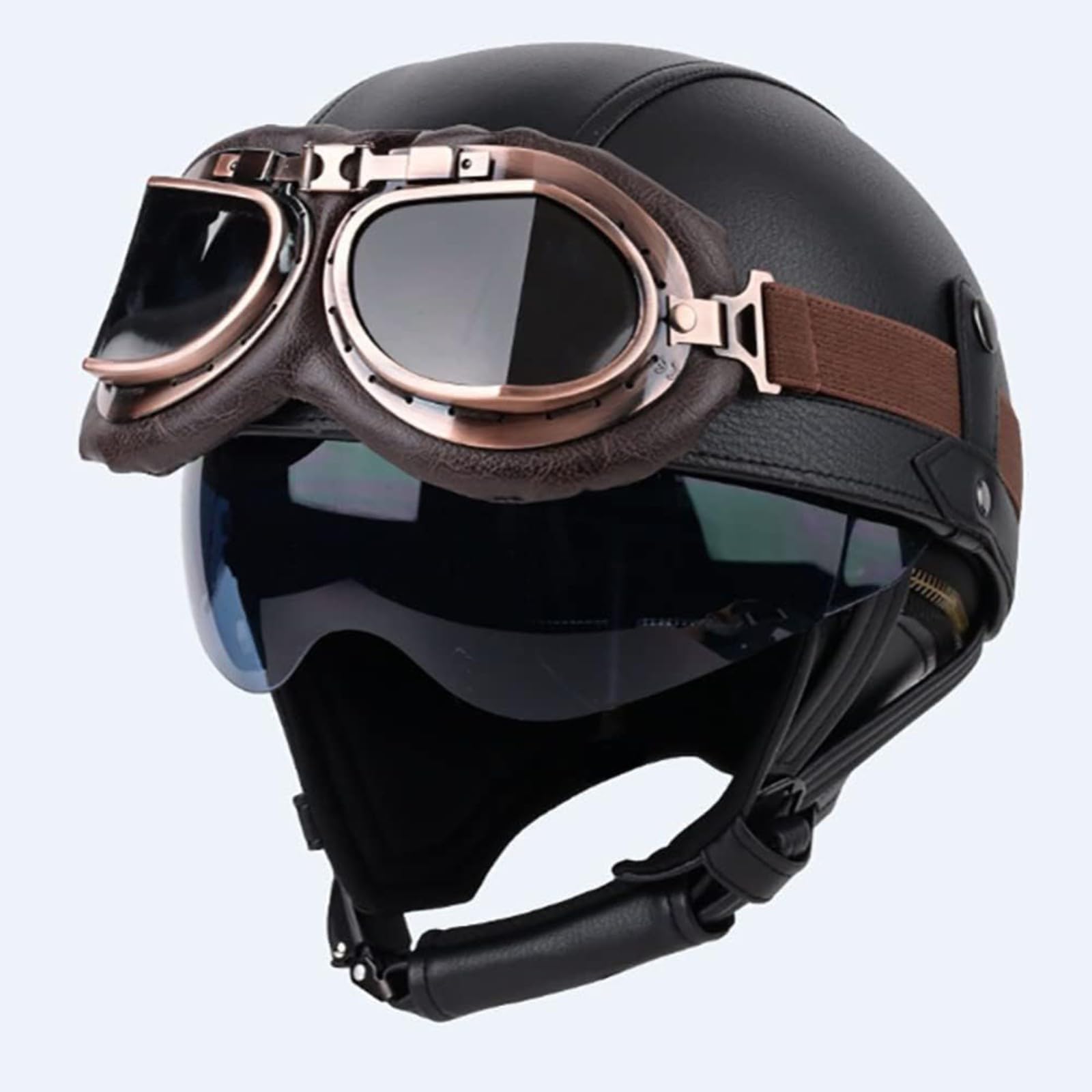 Halber Motorradhelm, ECE-Zertifizierung Vintage Helme Mit Schutzbrille, Retro PU Leder Halbhelm Mopedhelm Für Männer Und Frauen, Motorradhelm Bike Cruiser Scooter C,S=55~56CM von BYFHHHH