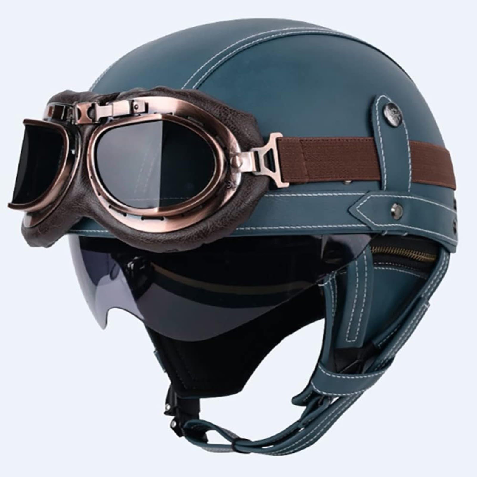 Halber Motorradhelm, ECE-Zertifizierung Vintage Helme Mit Schutzbrille, Retro PU Leder Halbhelm Mopedhelm Für Männer Und Frauen, Motorradhelm Bike Cruiser Scooter D,L=59~60CM von BYFHHHH