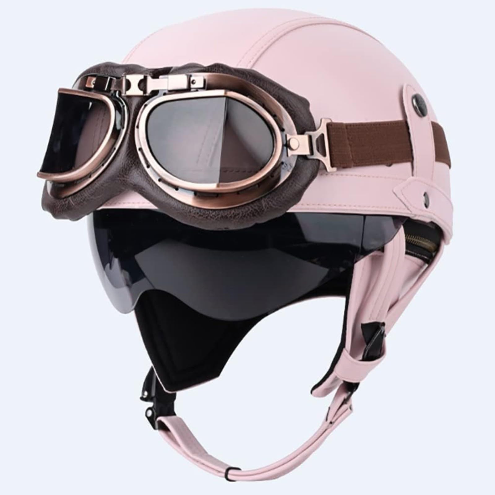 Halber Motorradhelm, ECE-Zertifizierung Vintage Helme Mit Schutzbrille, Retro PU Leder Halbhelm Mopedhelm Für Männer Und Frauen, Motorradhelm Bike Cruiser Scooter F,L=59~60CM von BYFHHHH