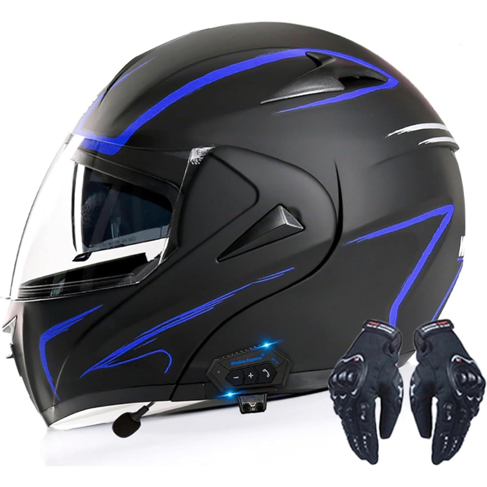 Integralhelm Für Motorradfahrer Mit Bluetooth, DOT/ECE-Zugelassener Integralhelm Für Motorradfahrer, Bluetooth-Klapphelme, Motorradhelm Mit Antibeschlag-Doppelvisier Für Erwachsene A,L=59~60CM von BYFHHHH