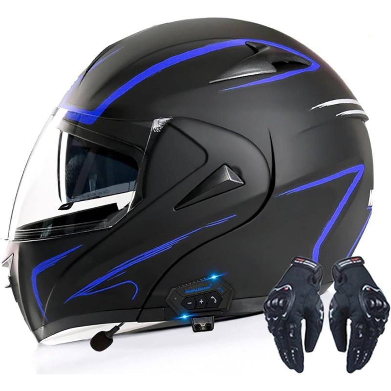 Integralhelm Für Motorradfahrer Mit Bluetooth, DOT/ECE-Zugelassener Integralhelm Für Motorradfahrer, Bluetooth-Klapphelme, Motorradhelm Mit Antibeschlag-Doppelvisier Für Erwachsene A,XS=53~54CM von BYFHHHH