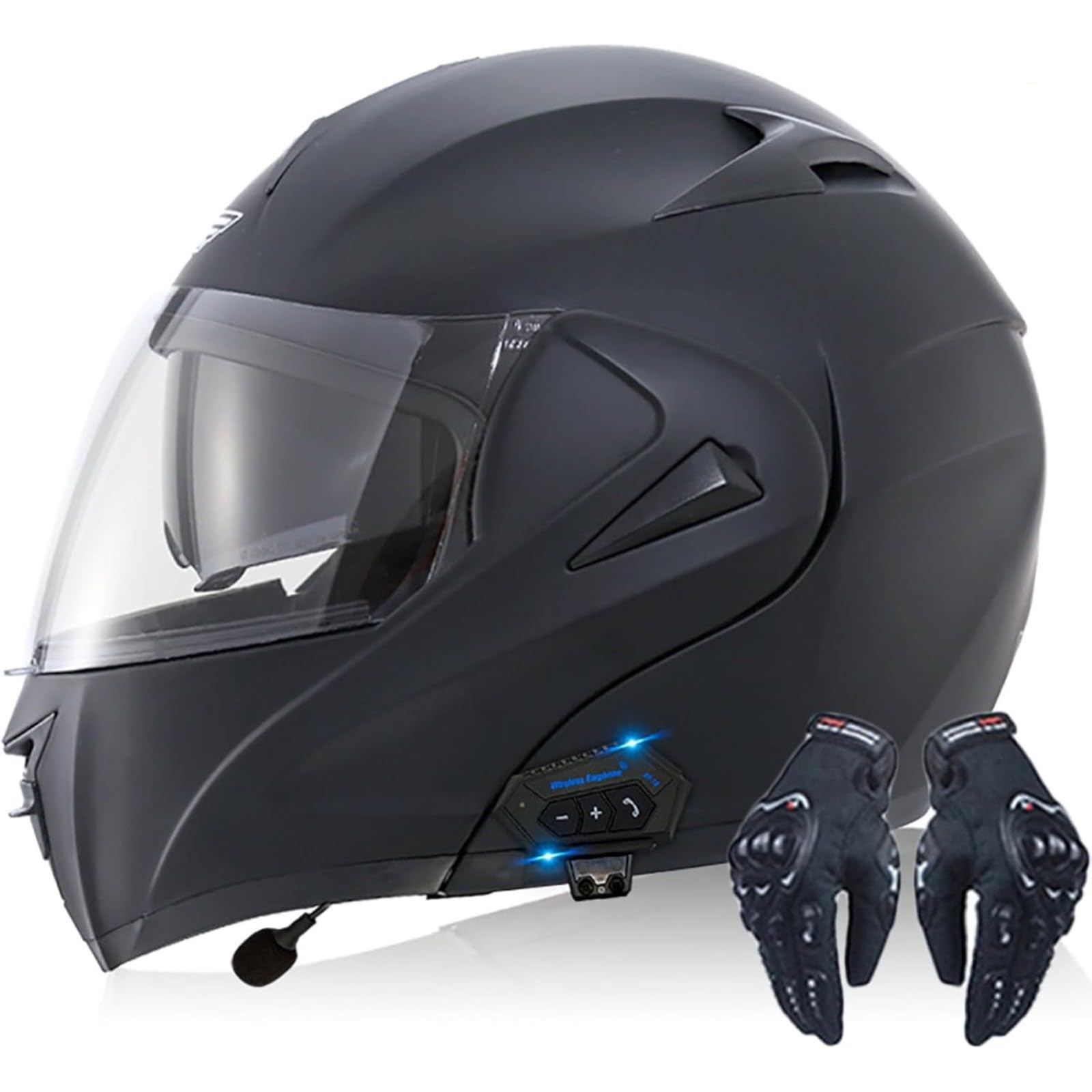 Integralhelm Für Motorradfahrer Mit Bluetooth, DOT/ECE-Zugelassener Integralhelm Für Motorradfahrer, Bluetooth-Klapphelme, Motorradhelm Mit Antibeschlag-Doppelvisier Für Erwachsene C,XL=61~62CM von BYFHHHH