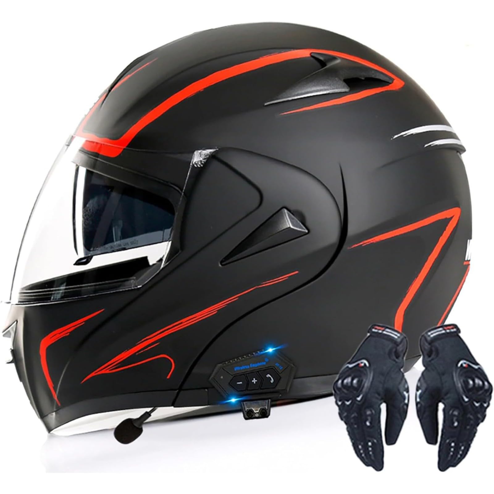 Integralhelm Für Motorradfahrer Mit Bluetooth, DOT/ECE-Zugelassener Integralhelm Für Motorradfahrer, Bluetooth-Klapphelme, Motorradhelm Mit Antibeschlag-Doppelvisier Für Erwachsene E,XS=53~54CM von BYFHHHH