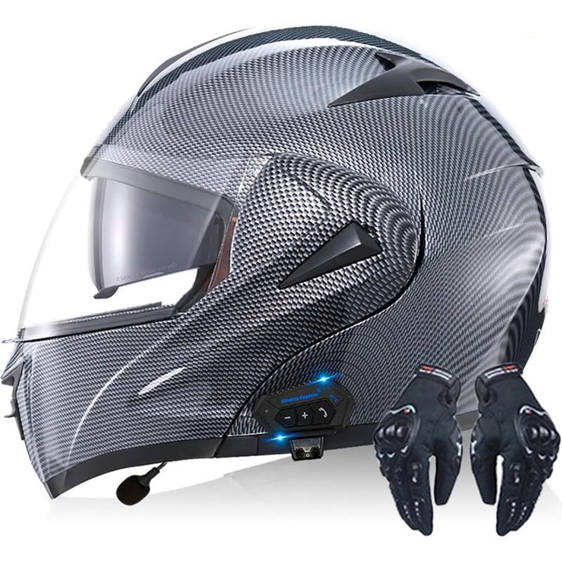 Integralhelm Für Motorradfahrer Mit Bluetooth, DOT/ECE-Zugelassener Integralhelm Für Motorradfahrer, Bluetooth-Klapphelme, Motorradhelm Mit Antibeschlag-Doppelvisier Für Erwachsene L,XL=61~62CM von BYFHHHH